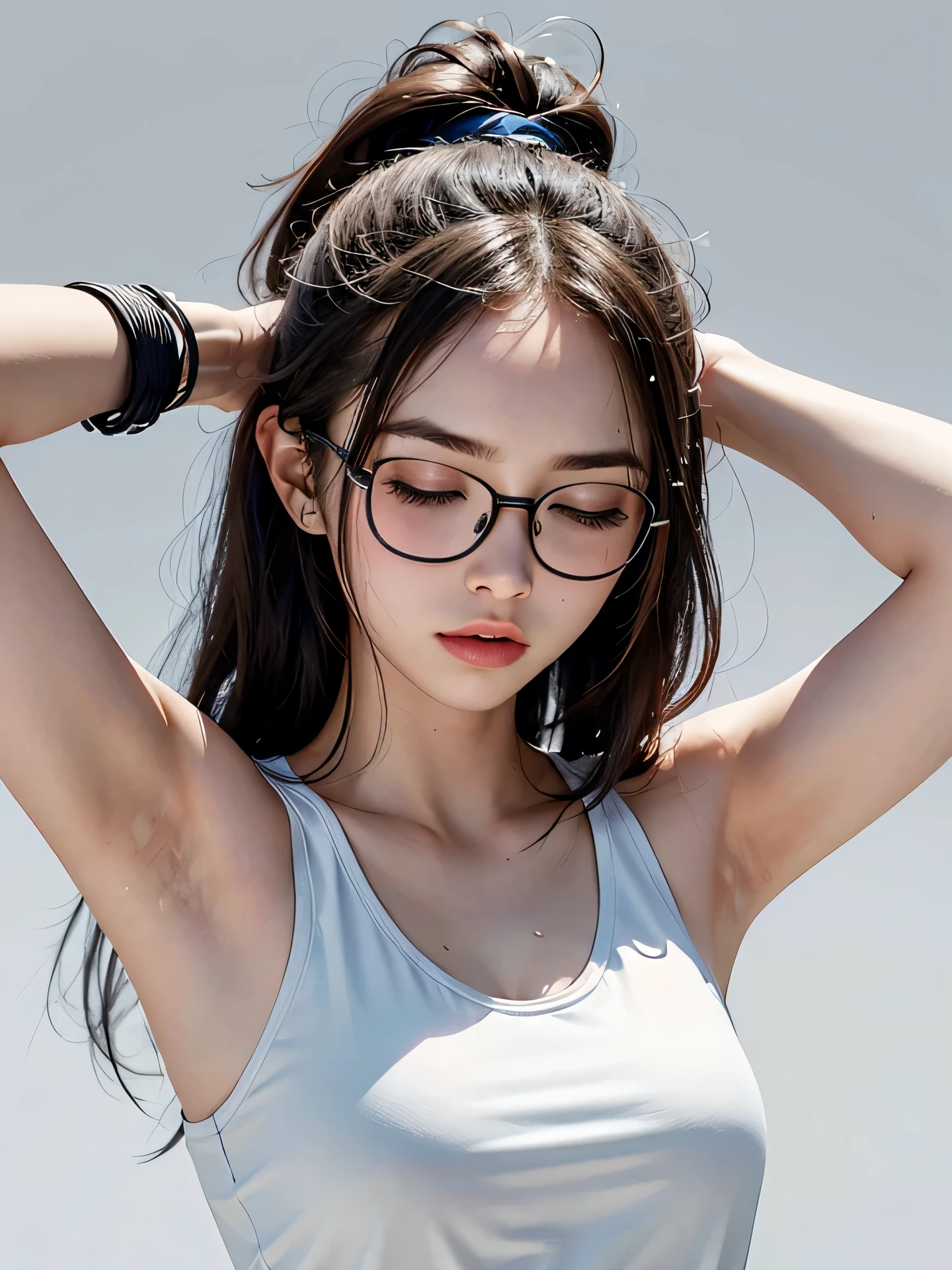 ultra realistic portrait of a slim teenage girl, tied hair, wearing oversized basketball jersey, wearing round eyeglasses, wearing white facemask, white background, closed eyes, arms up, armpits, sweaty body, intensive sweating in the armpits, fixed teeth, clear facial features, cinematic, 35mm lens, closed up shot on armpits, f/1.8, accent lighting, best quality, 8k, global illumination --uplight --v4 --q2--