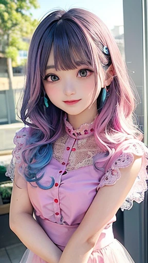 Small face、 (alone:1.5,)Super detailed,bright colors, very beautiful detailed anime face and eyes, look straight, ,girl, (((rainbow colored hair, colorful hair, Half light blue、half pink hair: 1.2))), 、Shiny hair, delicate beautiful face, blush、Glasses、(turquoise eyes), , Valletta, earrings,、flower garden、Sunset、(((Floral、Lace blouse、Stylish lace mini skirt,Semi-transparent red shirt)))、（twin tails）、smile、happy face、face dyed red、cheerful pose、dynamic、Head to toe full body portrait、（I can see the whole body）、（left hand、ring finger、ring）、Glassesに手を添える