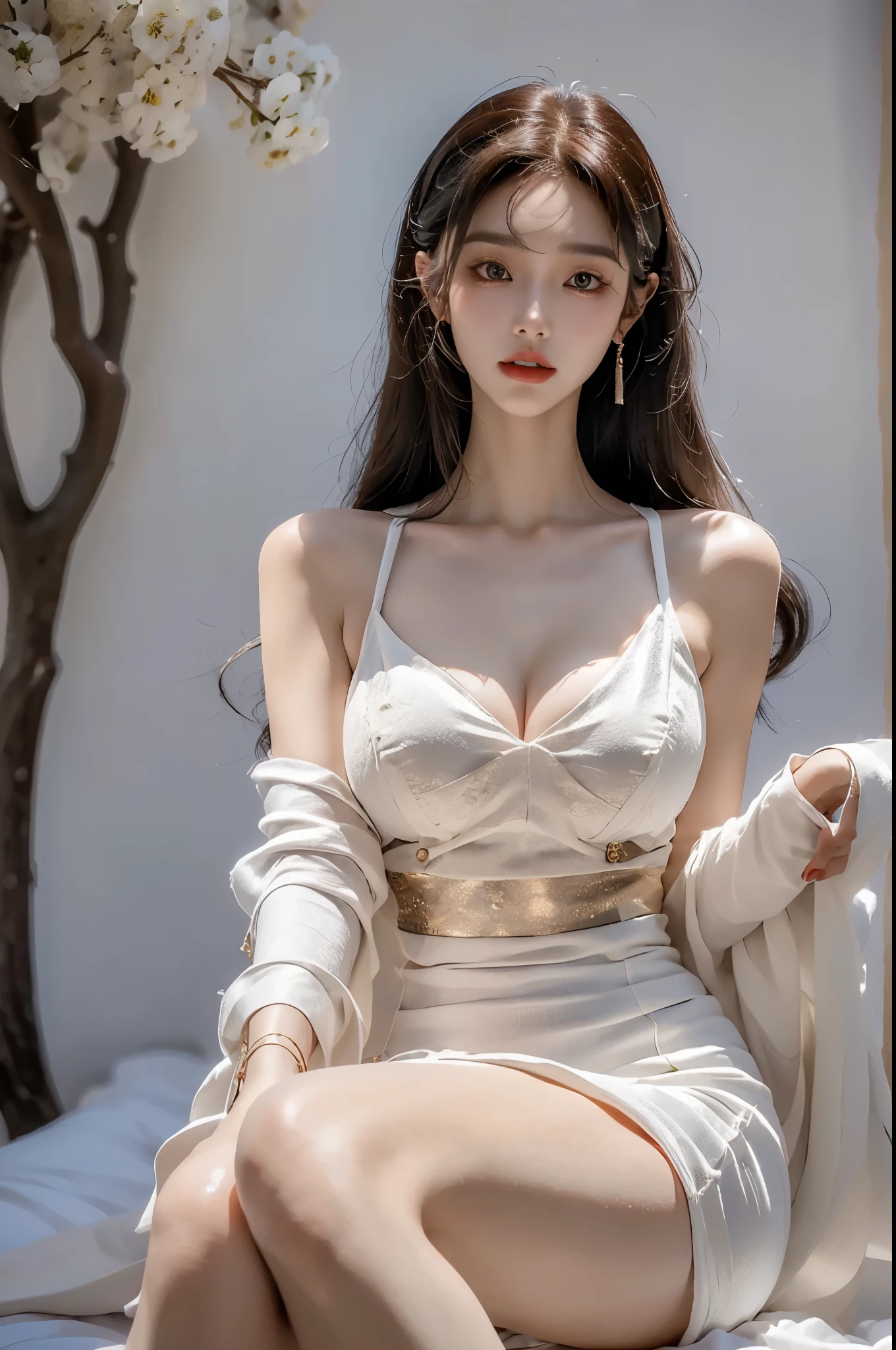 Beautiful woman with perfect body:1.4,layered hairstyle,Prominent cleavage:1.5,miniskirt,Highly detailed facial and skin textures,double eyelids,whiten skin,long hair,Whitened long legs