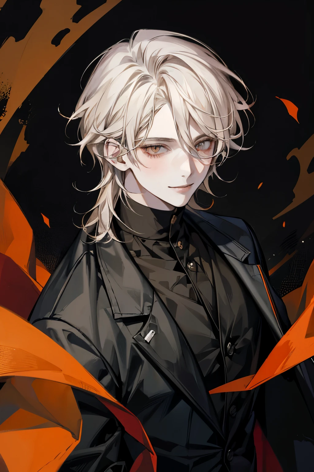 Handsome, solo, male, blonde hair, orange eyes, smile facial, black colar shirt, black coat