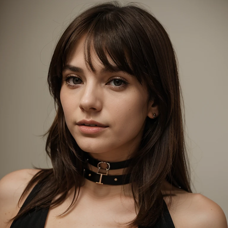 A 20-year-old woman with an expression of pleasure, shoulder-length hair with bangs and a piercing in her septum and lip will be wearing a choker and her eyes are slightly slanted., medium breasts