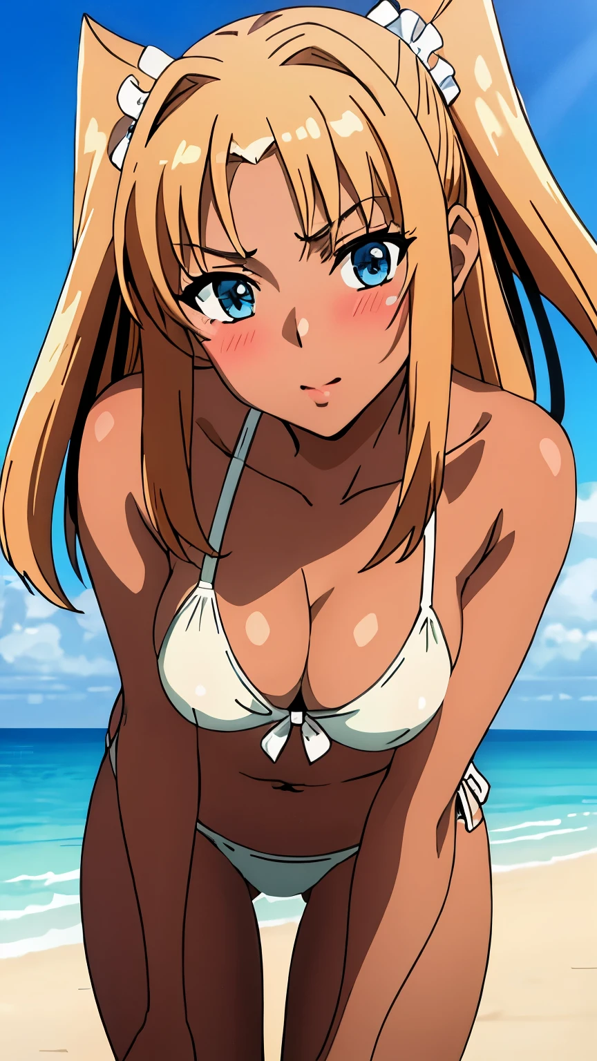 Masterpiece, Top Quality, Super Detailed, (Perfect Face, Detailed Face), 1 Girl, Solo, Long Hair, Two Sides Up, Light Dark Skin, Hair Ribbon, Medium Breasts,10's style, swimsuit, bikini, blush, beach, stylish pose, stylish angle, staring viewer in the center of the image, cowboy shot,