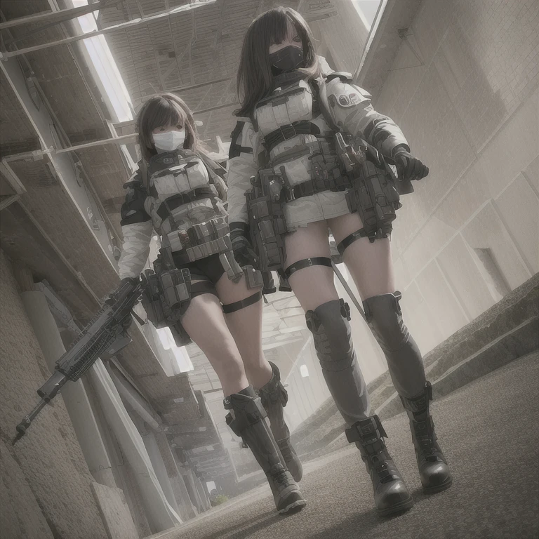 ((high quality)), ((masterpiece)), 8k, 2girls, body armor, light rays, extremely detailed CG wallpaper unity 8k, game cg, looking at viewer, gloves, boots, full body, watch, computer, mask, drone , weapons, headphones, jacket, bag, backpack,, (Masterpiece:1.3), (best quality:1.3),