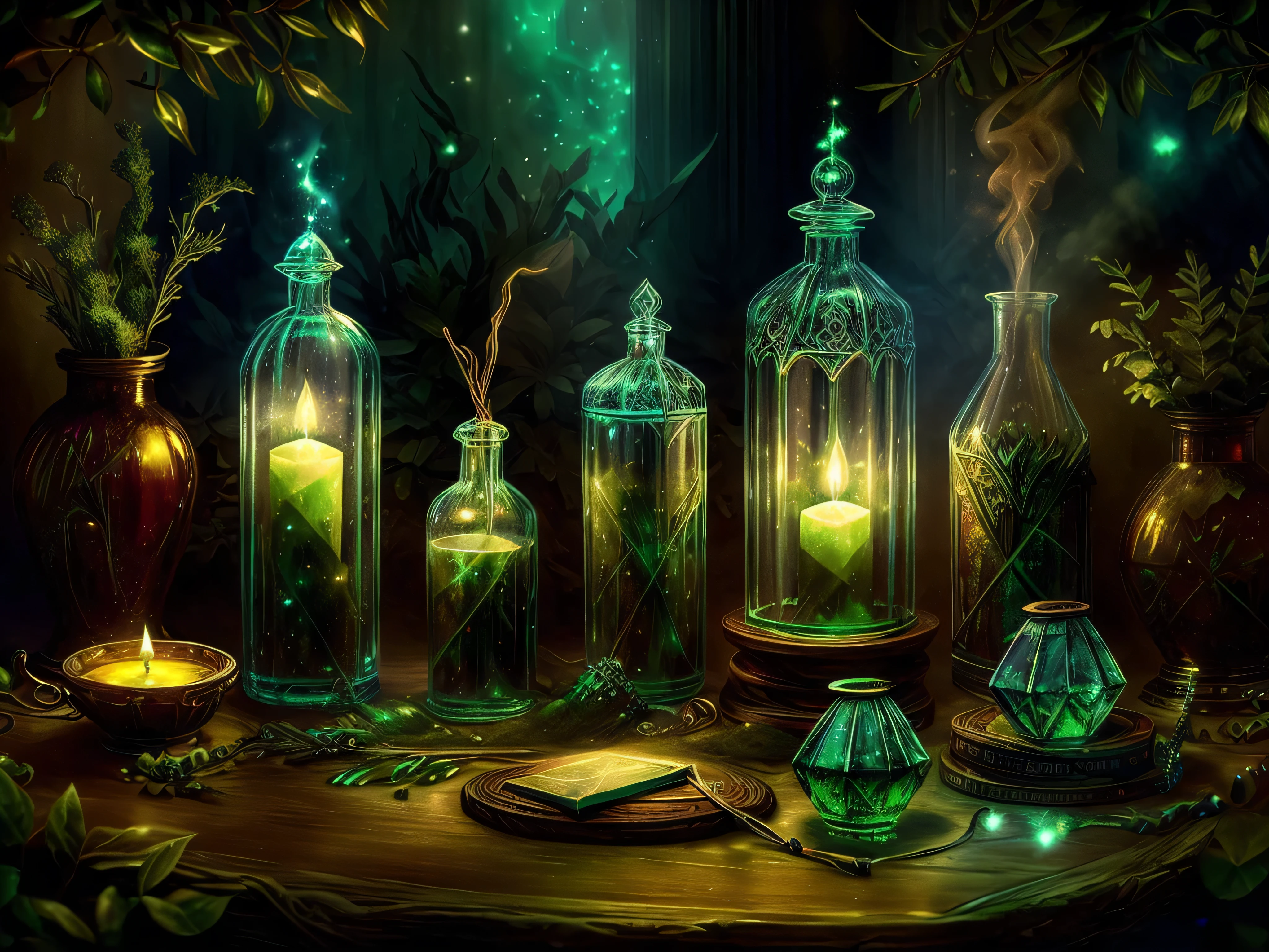 (best quality:1.2),(ultra-detailed),(realistic:1.37),table with magic potions,liquid,red,green,blue,books on the table,wizard's room,potions stand on the table,detailed illustrations,textured surfaces,wisps of smoke,magical glow,dimly lit atmosphere,vintage atmosphere,antique furniture,curved wooden legs,ancient tomes,spellbooks,crystal bottles,filigree labels,colorful liquids,sparkling effects,fluorescent aura,shimmering reflections,mystical ambiance,emerald green potion,sapphire blue potion,ruby red potion,stack of old parchment scrolls,ominous aura,candles flickering,twinkling stars in the background
