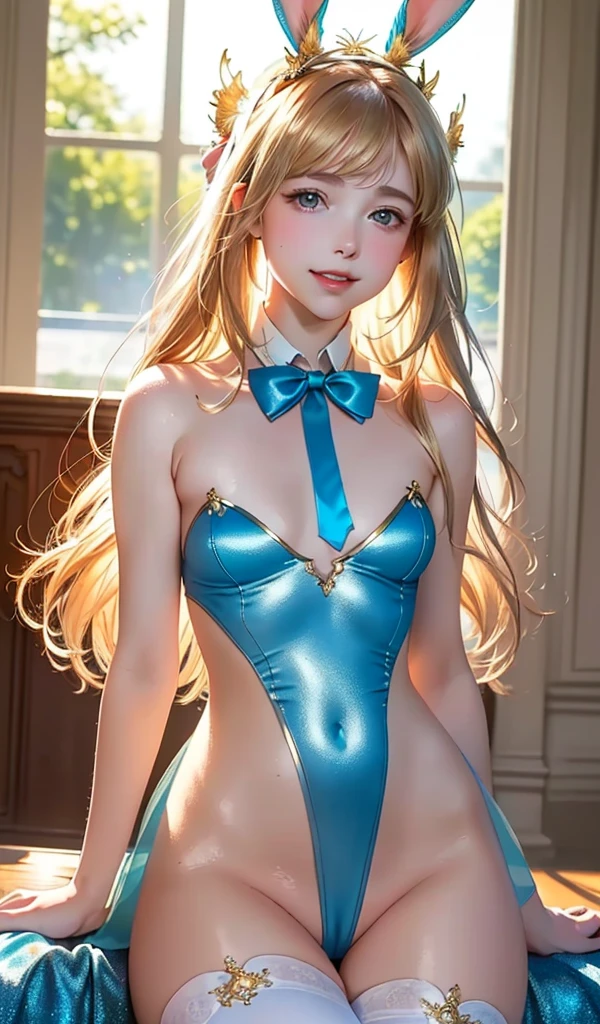 masterpiece, best quality, extremely detailed CG unity 8k wallpaper, (Upper Body head close-up shot of a beautiful  girl), , Elegant Long straight blonde hair, (Mckenna Grace), (flat chest,thighs), (Brown-blue) golden (Glittering tutu,long Bunny Ear Headgear, , Bow-tie, No panties, genitals visible), (spread legs), (Blush), oil skin, (seductive smile), (Wonderland), pretty face, key art, award winning, intricate detail realism hdr, by (ruan jia and artgerm and range murata), Photorealism, Hyperrealism, ultra realistic, dramatic light, intense shadows, gorgeous view, depth of field
 
