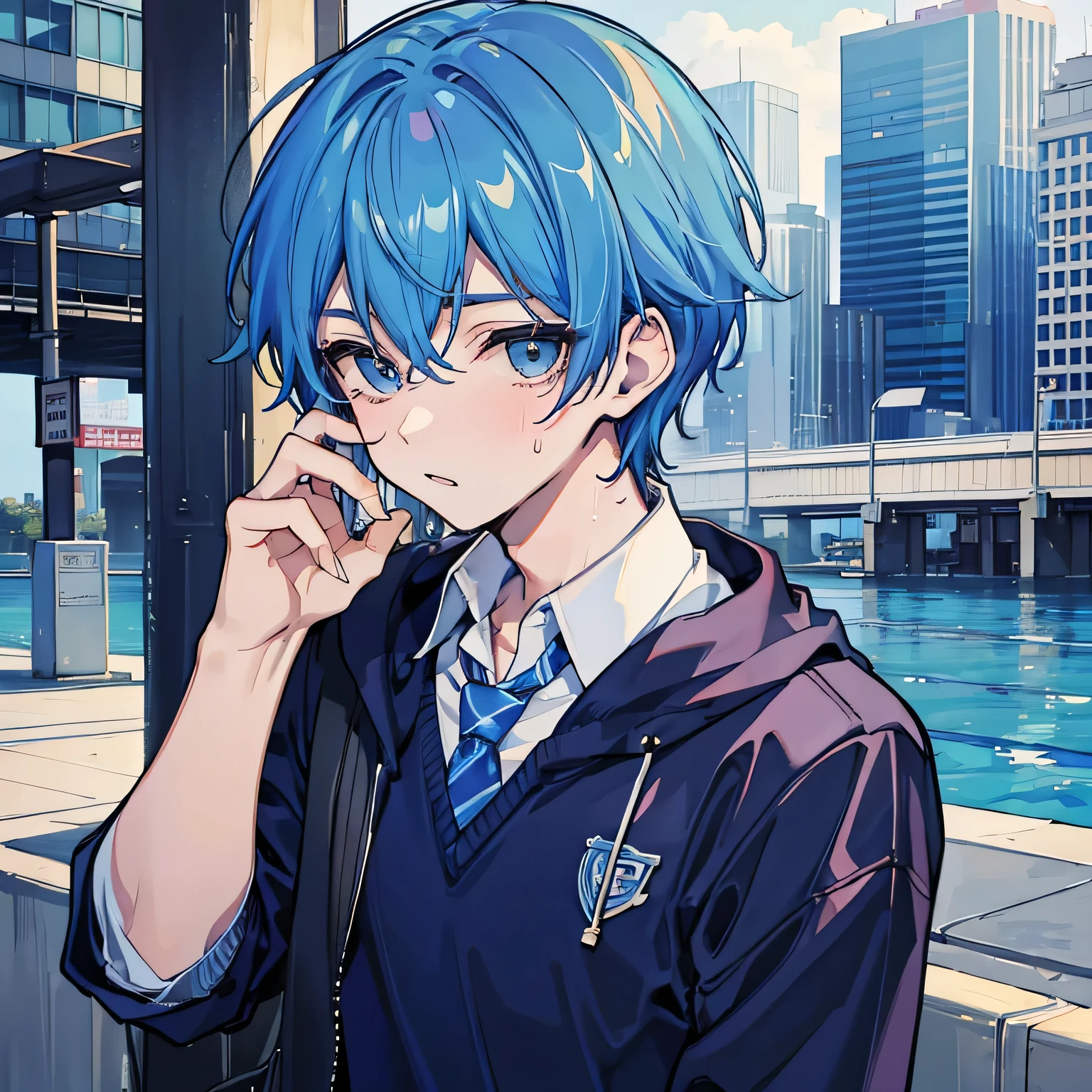 17-year-old boy with blue hair, handsome and preppy, sweating coldly