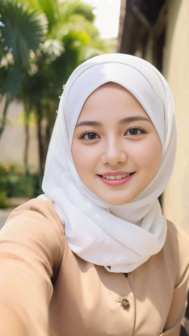 Selfie taken, See full body, luxury details, 8k, natural, realistic, amazing shots, ULTRA HD,
1 girl, 18 years old, smooth white face, white skin, smailing, neat white teeth, big breasts, wearing a long white hijab covering the body, with decorations on the hijab, Muslim clothes for worship, beautiful face, beautiful black face, cute, curly eyelashes, beautiful eyes , sweet smile, sitting on the bed, Indonesian Muslim, realistic, atmosphere in the out door, in road,