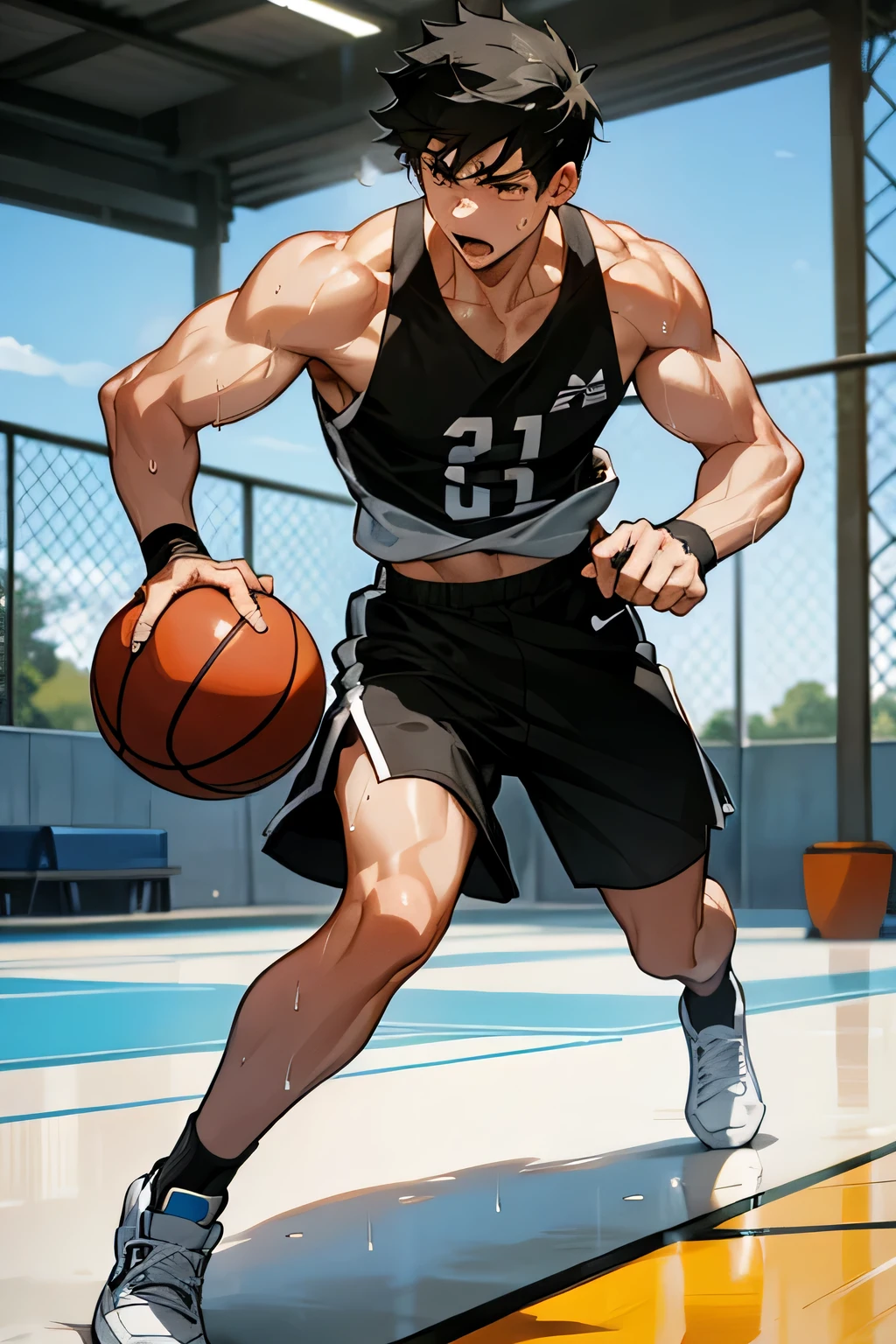 shirtless, super muscular, sweat-drenched body, dripping with sweat, 22-year old short black hair male wearing sweat-drenched white basketball shorts, rubber shoes, running, playing basketball in the outdoor basketball court