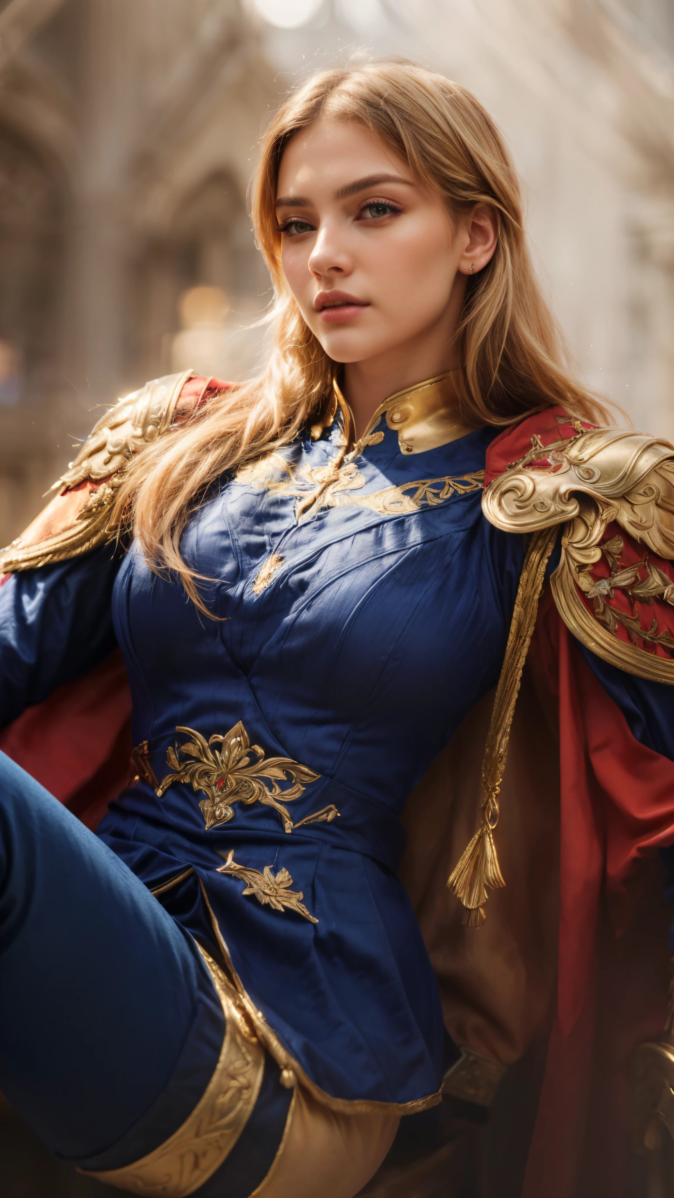 (best quality,4k,highres,masterpiece:1.2),ultra-detailed,realistic:1.37,a close up of a woman in a blue and red outfit,portrait,artgerm,European face,beautiful detailed eyes,beautiful detailed lips,long eyelashes,detailed facial features,gorgeous expression,intense gaze,sharp focus,professional,studio lighting,vivid colors,bokeh,highly detailed armor,ornate helmet,elaborate shoulder armor,elegant blue and red costume,embroidered details,distinctive patterns,flowing fabrics,regal pose,fierce warrior,confident and powerful stature, blonde hair