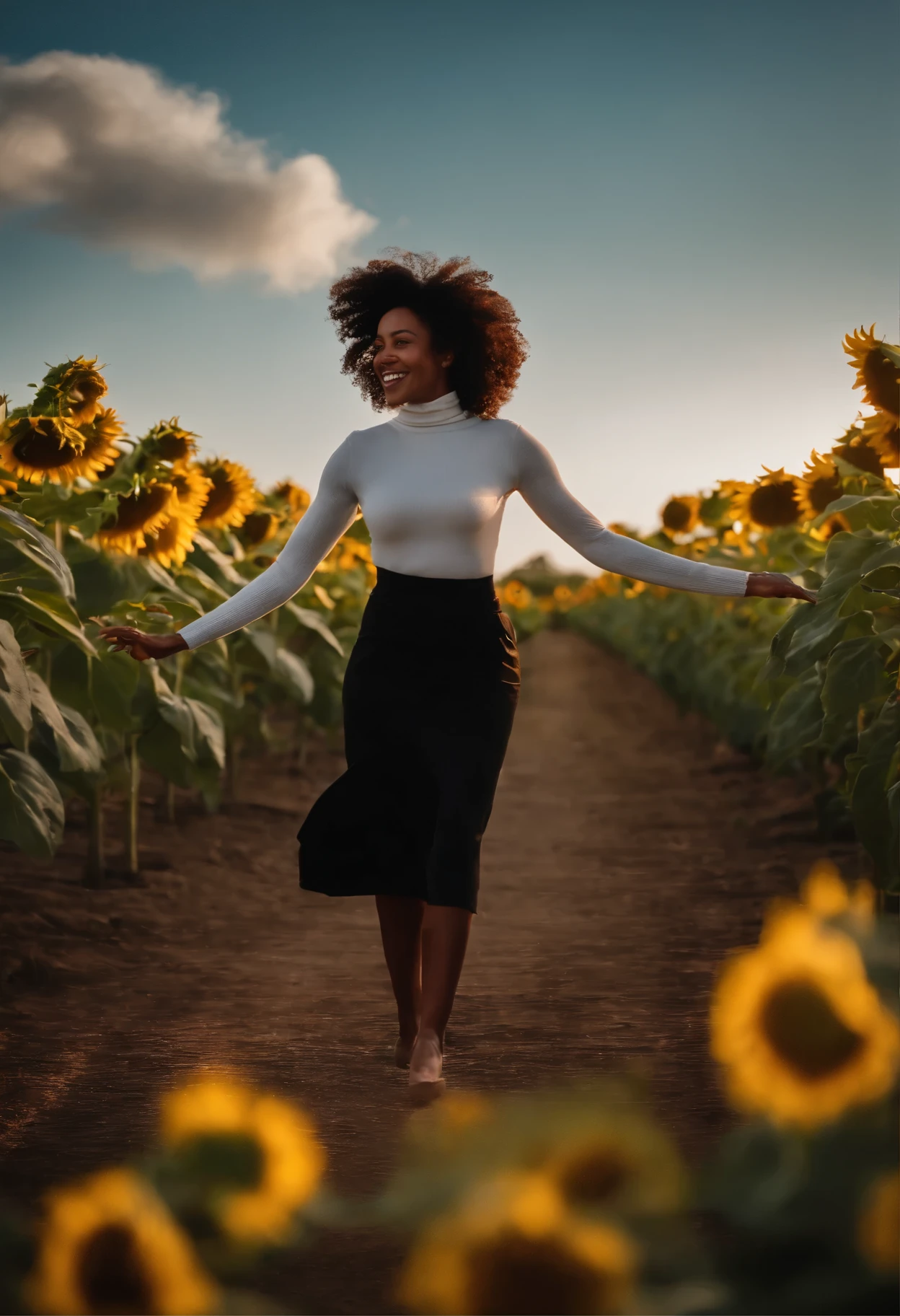 Uma jovem de cabelo preto, sorriso cativante, wearing a white turtleneck sweater and a black skirt, is dancing outdoors at night. The background shows a sunflower plantation scene, The atmosphere appears to be urban and contemporary. The woman's movement suggests a dynamic dance step. feet are in the air.ao fundo e luzes brilhantes da cidade.