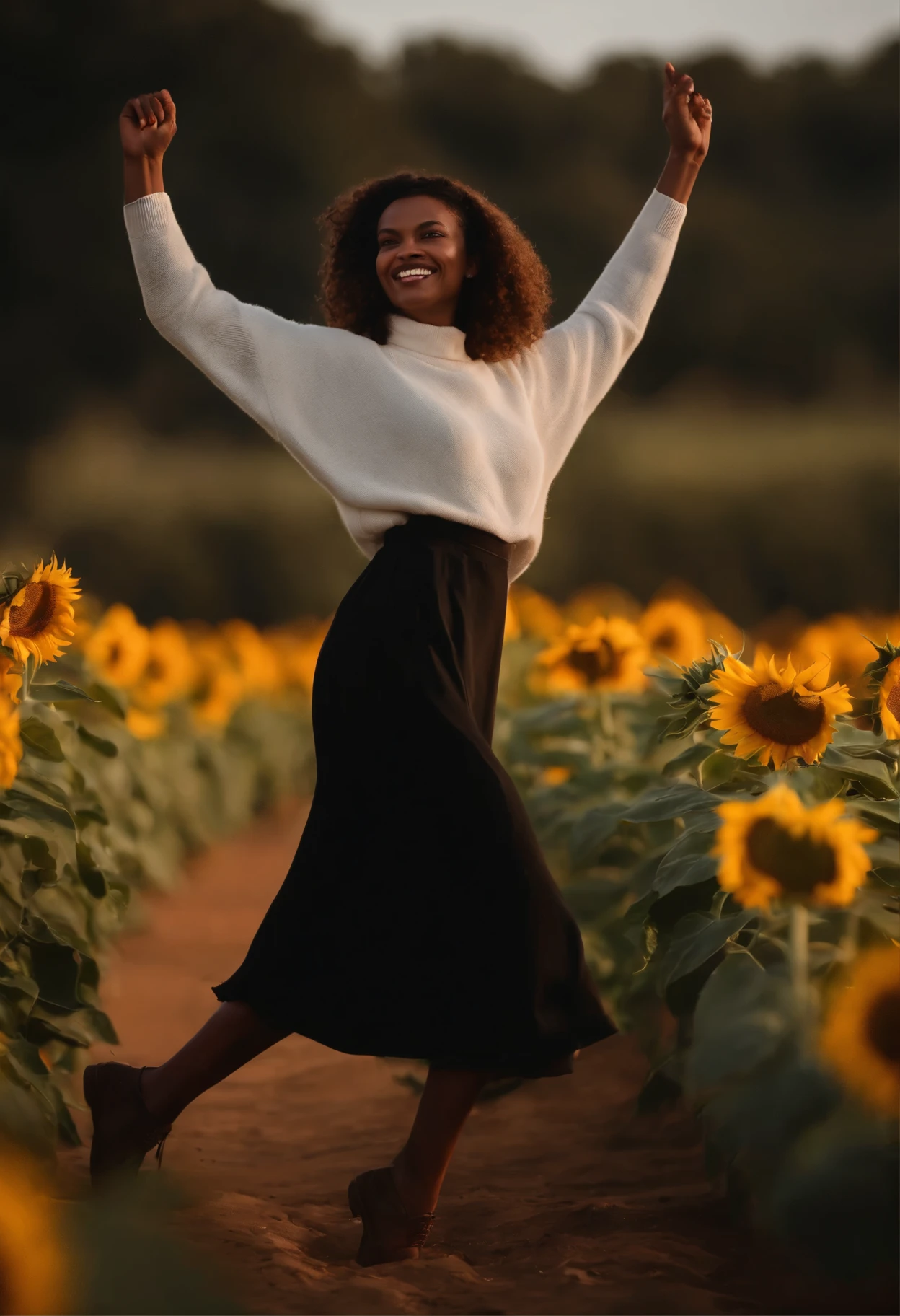 Uma mulher linda de cabelo preto, sorriso cativante, wearing a white turtleneck sweater and a black skirt, is dancing outdoors at night. The background shows a sunflower plantation scene, The atmosphere appears to be urban and contemporary. The woman's movement suggests a dynamic dance step. feet are in the air.ao fundo e luzes brilhantes da cidade.