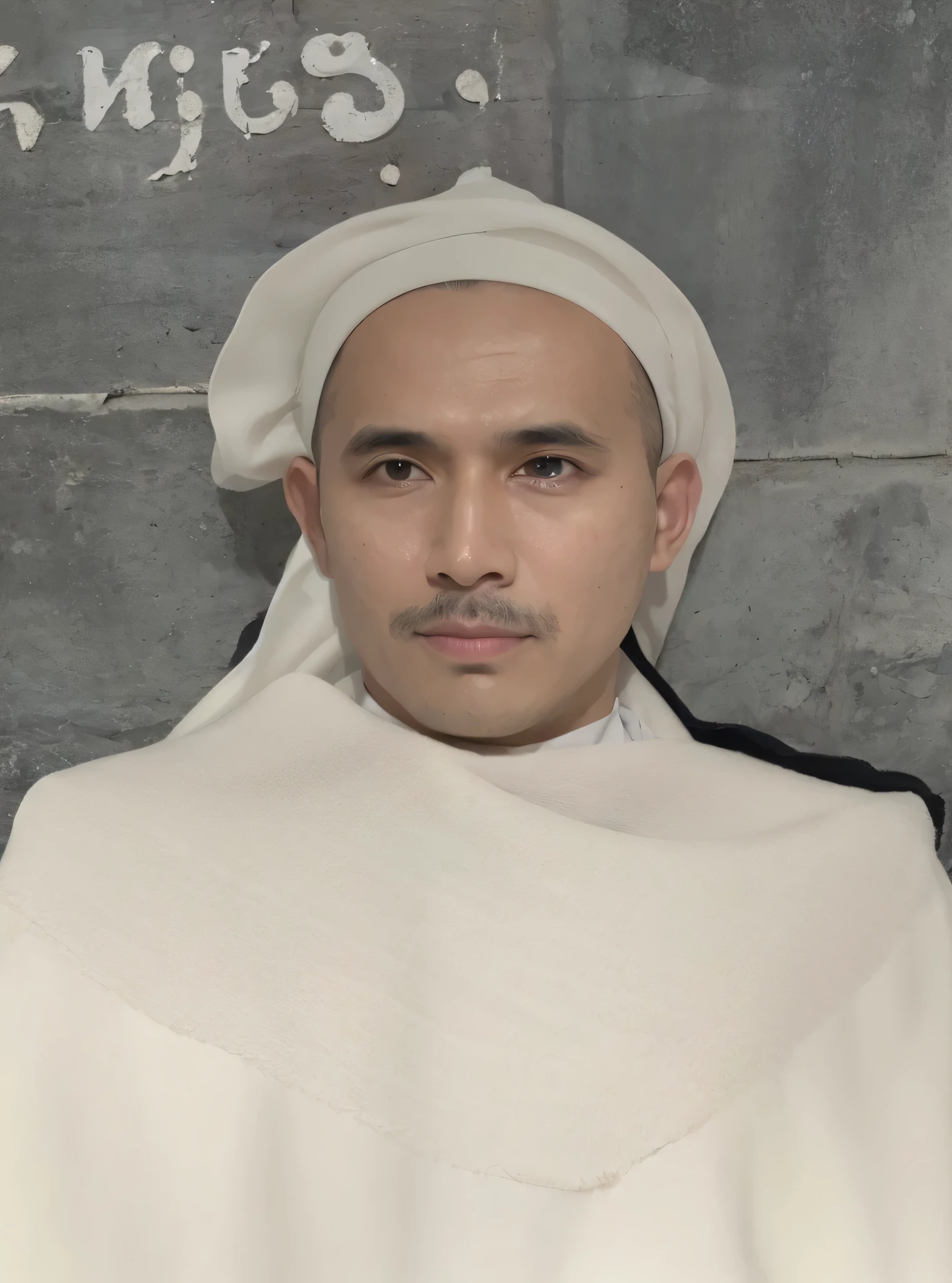 Very realistic portrait of a Muslim cleric wearing all white clothes