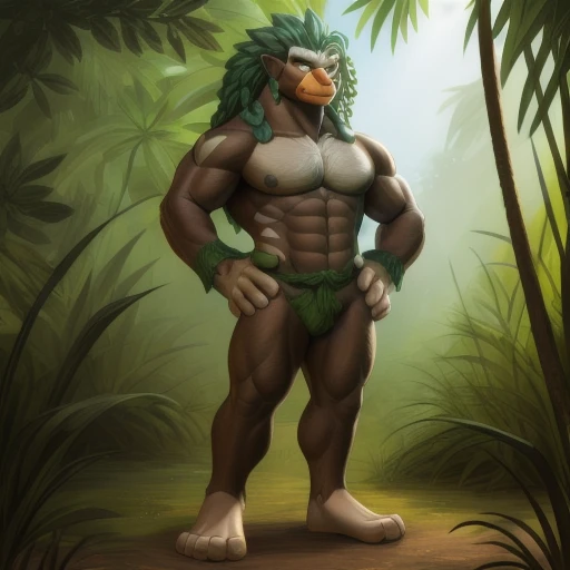 rillaboom, orange eyes, (pose:1.3), (posing:1.3), (soft shading), 4k, hi res, five fingers, detailed hands, ((detailed face, (detailed eyes:1.3), detailed)), (full body), (by zackarry911:0.8), (by zaush:0.6), , solo, looking at viewer, 1boy, jungle, navel, standing, full body, male focus, ????, abs, grass, biceps, hands on ????, smile, orange snout, cowboy shot,