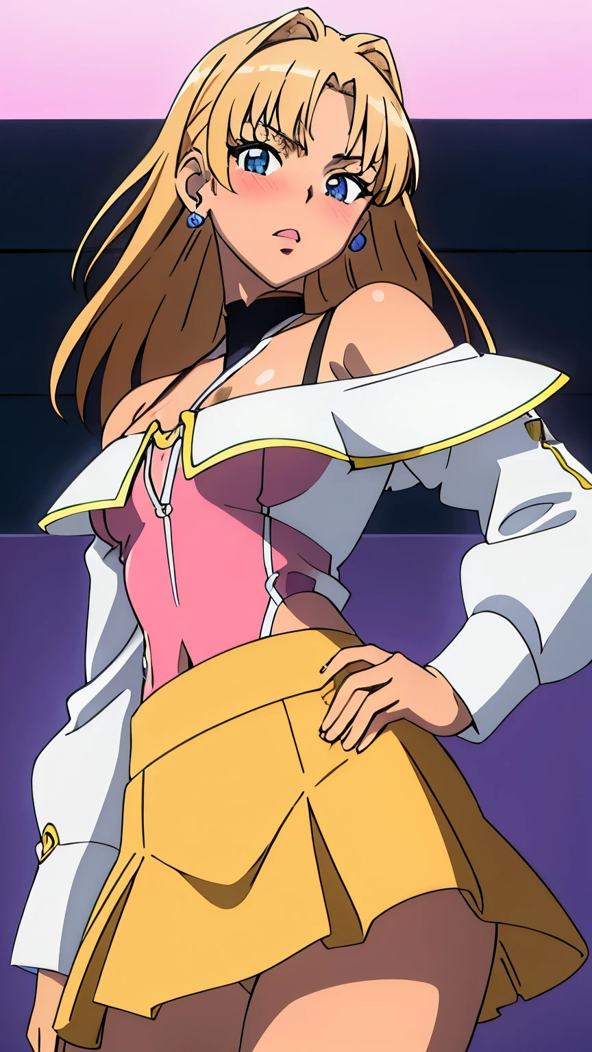 Masterpiece, Top Quality, Super Detailed, (Perfect Face, Detailed Face), 1 Girl, Solo, Light Skin, Straight Hair, Medium Breasts, 10s Style, Off Shoulder, Mini Skirt, Earrings, Blush, Stylish The pose, the stylish angle, the viewer staring at the center of the image, the cowboy shot,