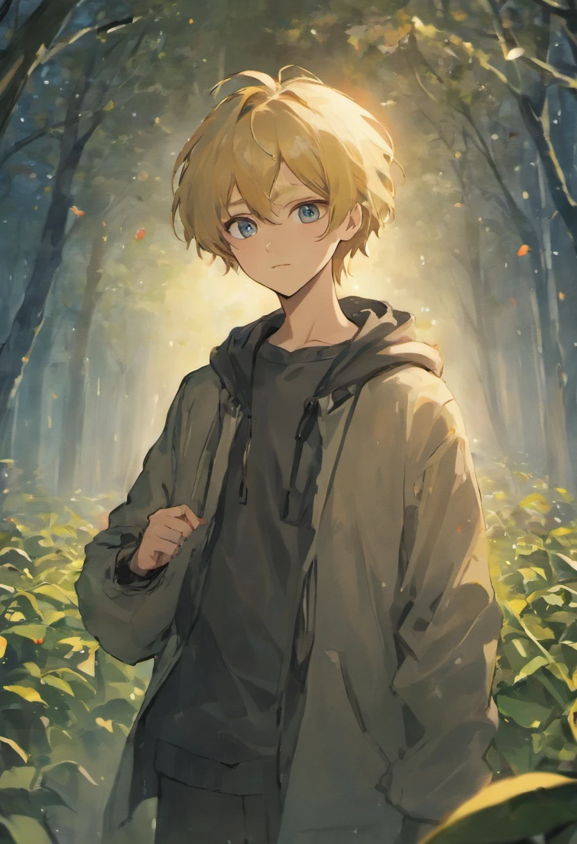 Handsome man. Angel face. Body posture facing the camera, blonde hair, comma hair wearing a black umbrella, rain, cemetery, wearing a gray jacket, blue eyes, European face mix Indonesian face, angel smile, cool eyes, moon, midnight, short hair, and angel face, semarang man, innocent smile, Netherland face, flower lily of village