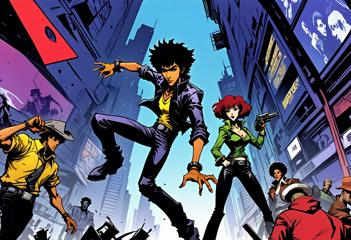 illustrate, cross hatching, dutch angle, hand drawn, expressive ink bold lines, joelle jones style reference, Cowboy Bebop cover art, wordless, splash page, decompressed comic, Duo dancing a vile stanky boogie, excessive exaggerated dancing, Jet Black and grim reaper claptrap black, from Cowboy Bebop blend with borderlands
