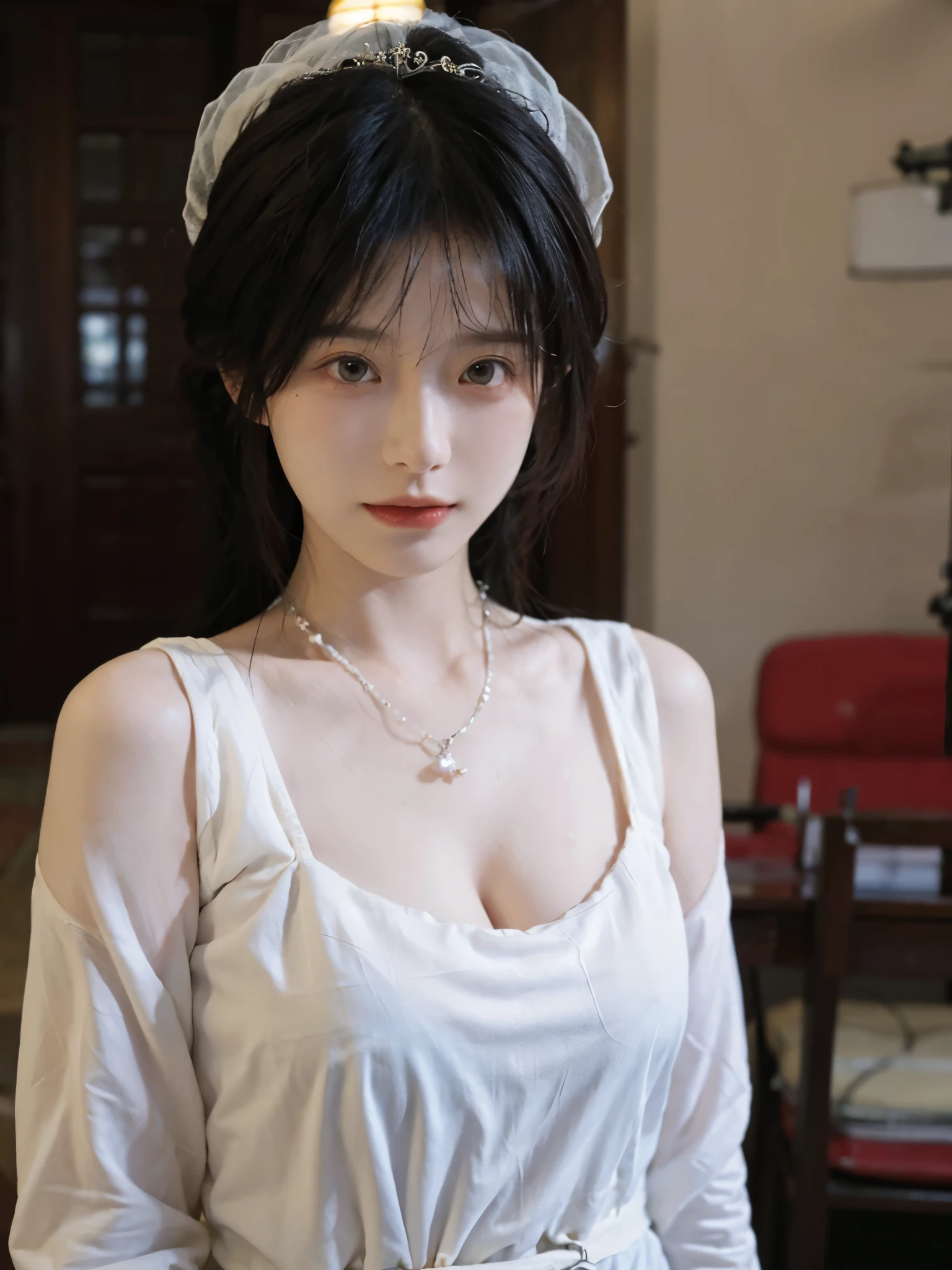 best quality， ultra high resolution， （realistically：1.4），cute hairpin，Baoyu Girl，Standing in the wedding hall，（flat chest：1.2） ，A pair of clear and charming peach blossom eyes,Royal sister，The sun shines on the face，Big wavy hairstyle，（necklace：1.2），（White skin：1.4），a sense of atmosphere，a beautiful girl，Looking directly at the viewer， Close-up cleavage ，(lifelike:1.4),1 girl,Sexy,(Upper body:1.4),(wet),(:1.2)