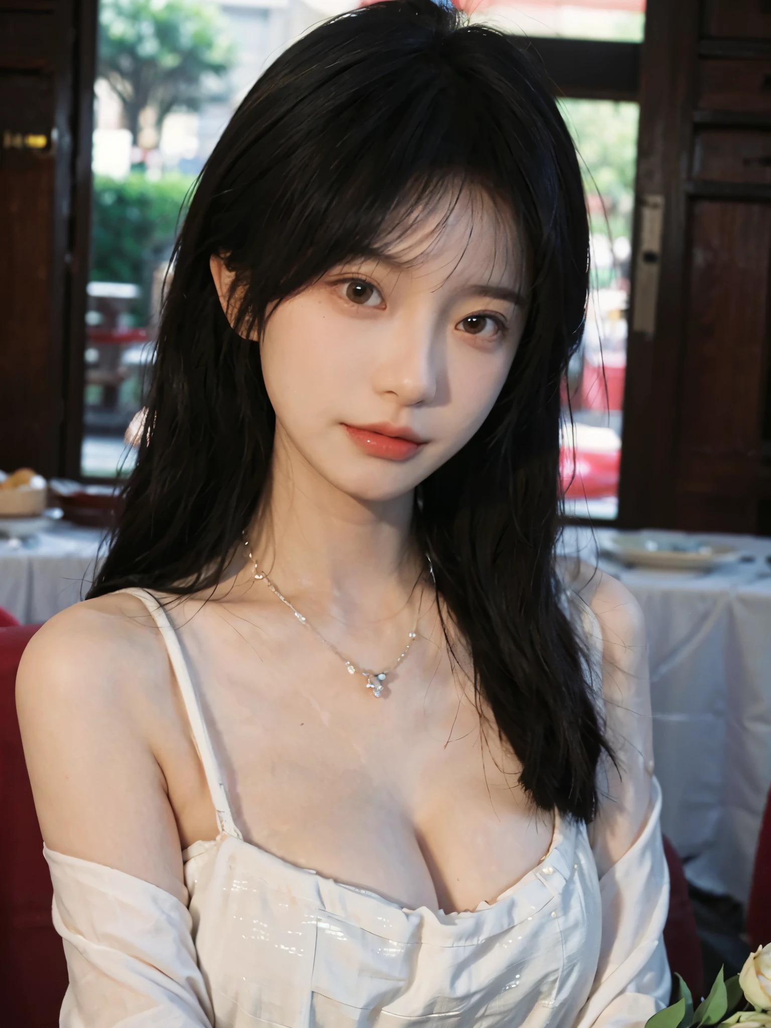 best quality， ultra high resolution， （realistically：1.4），cute hairpin，Baoyu Girl，Standing in the wedding hall，（flat chest：1.2） ，A pair of clear and charming peach blossom eyes,Royal sister，The sun shines on the face，Big wavy hairstyle，（necklace：1.2），（White skin：1.4），a sense of atmosphere，a beautiful girl，Looking directly at the viewer， Close-up cleavage ，(lifelike:1.4),1 girl,Sexy,(Upper body:1.4),(wet),(:1.2)