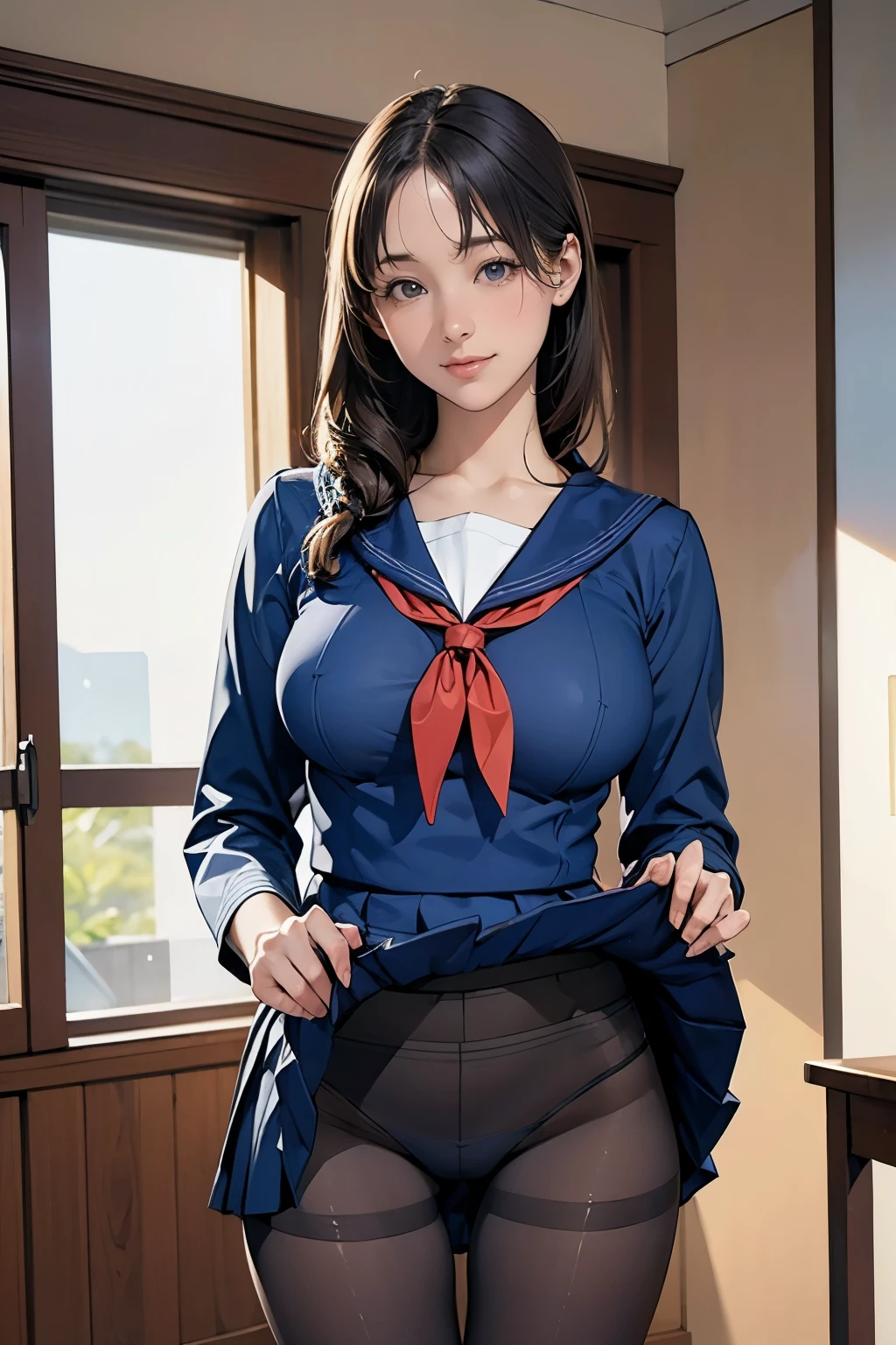 (masterpiece:1.2, highest quality), (realistic, photorealistic:1.4), beautiful illustrations, (natural side lighting, movie lighting), beautiful thighs, Front view, 1 girl, high school girl, , perfect face, Cute symmetrical face, shiny skin, ランダムなカラーのsailor suit、
(random hairstyle、blonde), Big eyes, long eyelashes chest), thin, expensive、
beautiful hair, beautiful face, fine and beautiful eyes, beautiful clavicle, beautiful body, beautiful breasts, beautiful thighs, beautiful feet, beautiful fingers, 
((High-quality fabric, sailor suit, navy pleated skirt)), 
(beautiful scenery),Are standing, (smile, Superior, open your mouth),  (((skirt lift, Panties and pantyhose are visible)))