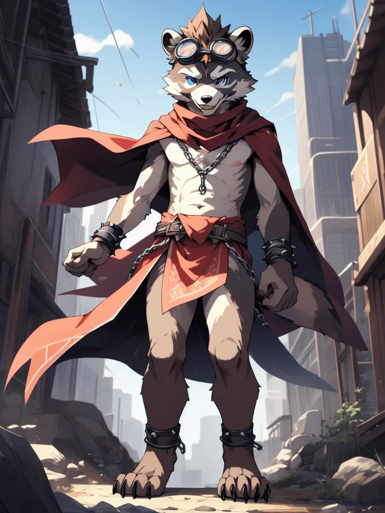 masterpiece, high quality, hi res, digital painting \(artwork\), by kuroisumi, yupa, kiyosan. Young Furry, young, raccoon, spiked brown hair only on head, Detailed body fur, red scarf, blue eyes, goggles, chain harness, Black loincloth, red cape, masterpiece, gray body hair, Detailed face, big eyebrows, detailed eyes, Detailed body, No muscles, city skyline, Detailed hands, Flat body, Skinny, Detailed paws, high resolution, metal cuffs on wrists, metal cuffs on ankles, no shirt, no underwear,