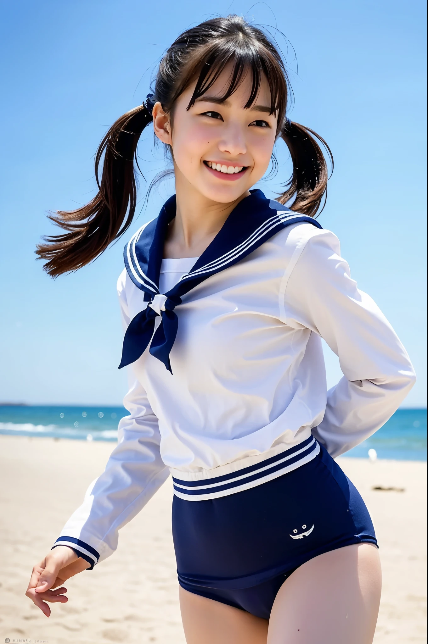 girl skipping on beach,long-sleeved white sailor shirt over navy blue school swimsuit,18-year-old,bangs,a little smile,thighs,knees,short hair and low ponytails with barrette,from below,front light