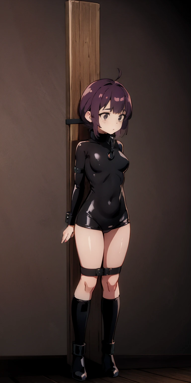 full body bondage latex girl (black background) standing by wooden pole bondage