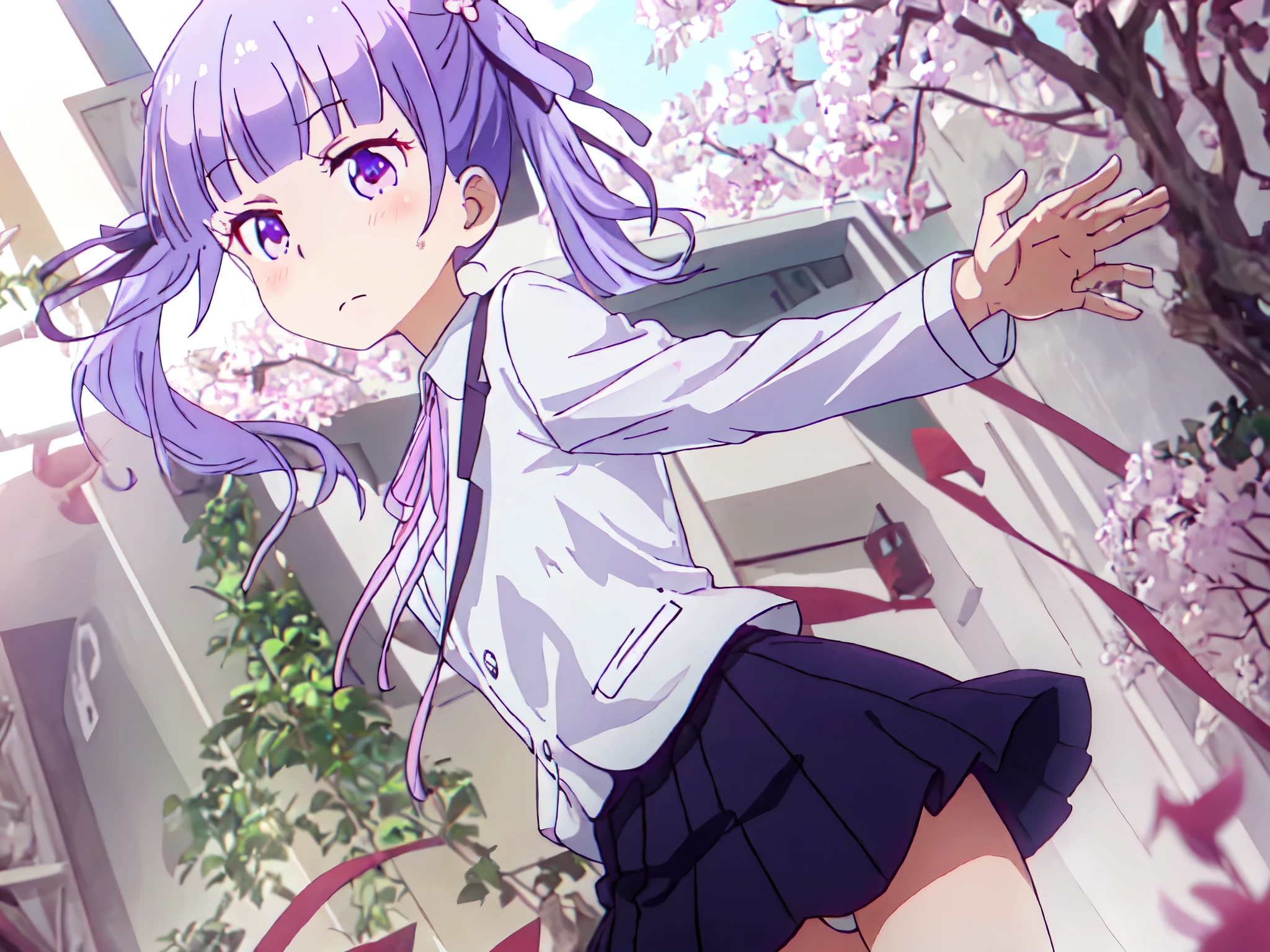 highest quality, masterpiece, High resolution, alone, {suzukaze_Aoba_new game:1.15}, purple_hair, length_hair, twin tails, purple_eye, hair_ornament, flower, hair_flower, blush, ribbon, 前hair, head_ribbon, 1 girl, dull_前hair, formal, Jacket, pink_ribbon, shirt, skirt,Wind,Are standing,(panty shot),(pink色のレースパンティー:1.0), head輪付き_shirt, white_shirt, closed_mouth, troubled face,blush,カメラeye線,high angle, indoors