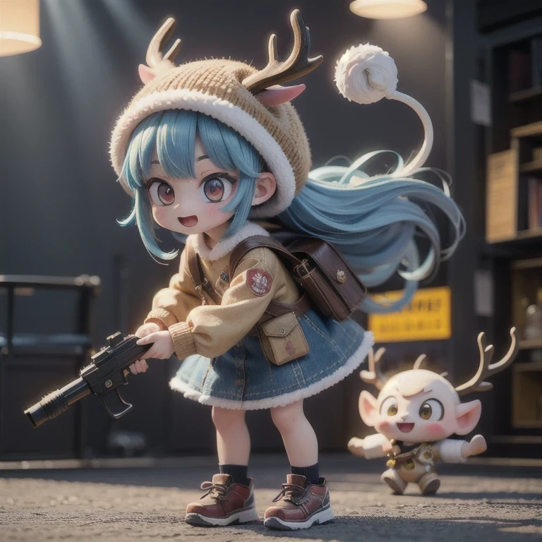 (masterpiece, best quality:1.2), 1girl, ((masterpiece, highest quality, Highest image quality, High resolution, photorealistic, Raw photo, 8K)), Retro Game, Nintendo, SEGA, Namco, Cyberpunk 1:25 miniatures，illustration，Side viewing angle，（（Side viewing angle）），Wear gold wire-rimmed reflective sunglasses，Carry future weapons，very happy，Side viewing angle，whole body，three-dimensional，octane rendering，Perfect face，Collagen texture((flowing hair))（（Elunchun Deer Antler Hat））