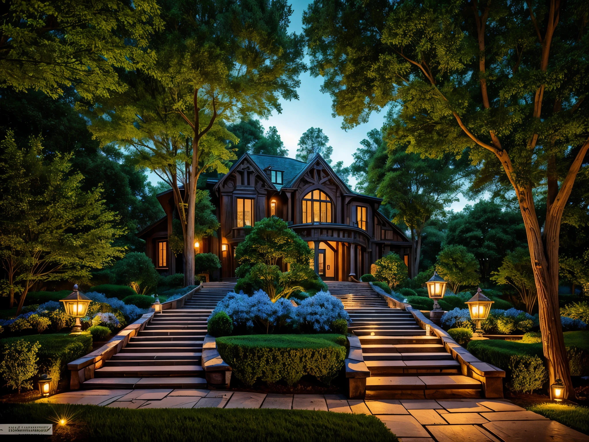 A mansion with medieval architecture with touches of fantasy, some trees in the background, magical crystals in the forest, with lights from the crystals giving green and blue lighting, Lens flare, at night. staircase, statue on site. a magical portal
