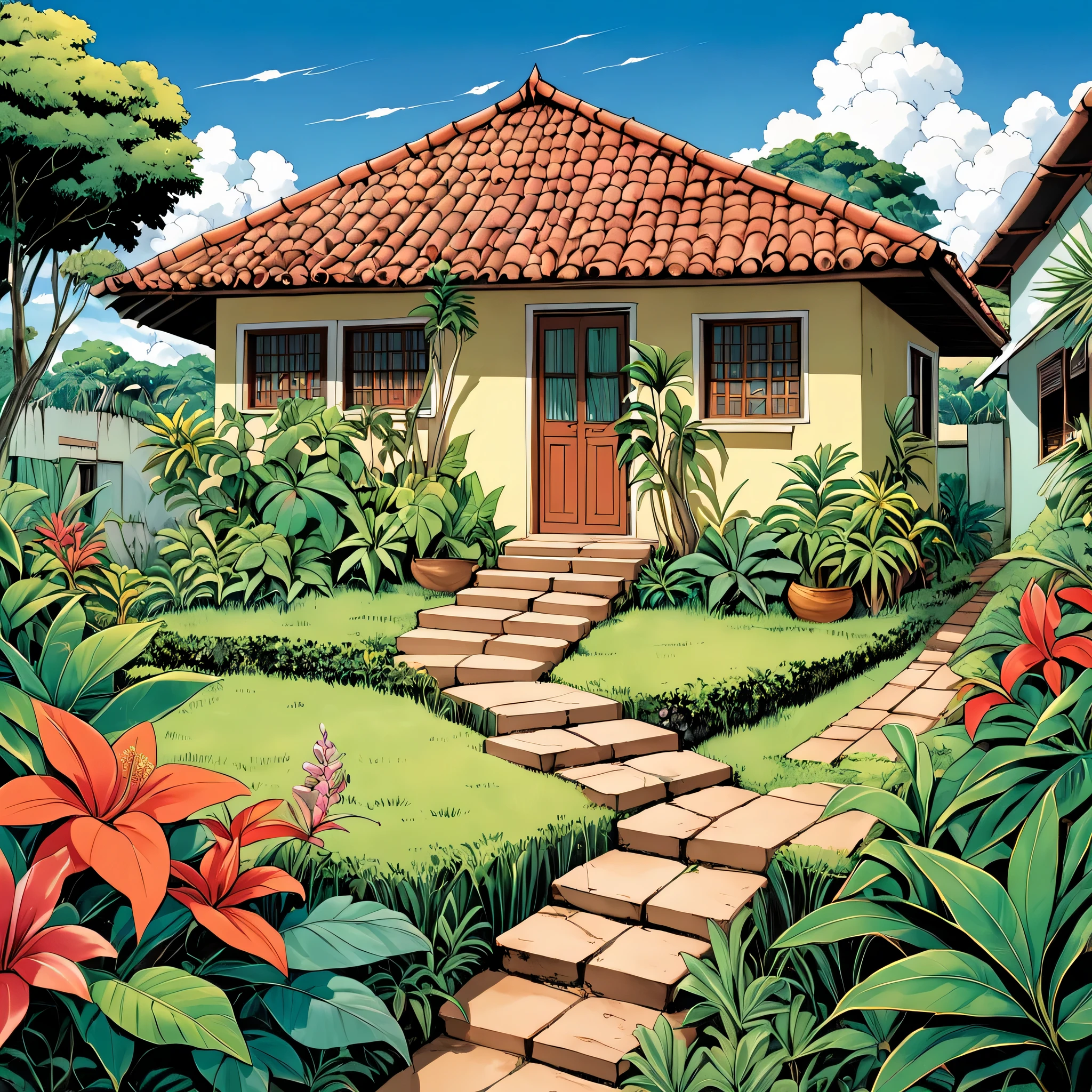Create an image of A small house in northeastern Brazil with a style characteristic of the region, paredes com uma cor vibrante, em tons de azul . The clay tile roof is sloped to cope with the region's frequent rains , varanda ampla com uma rede pendurada Aao redor da casa,um cajueiro e coqueiros, e o terreno poderia ter um jardim simples com plantas tropicais,arte de qualidade,estilo anime Akira toriyama , a noite , luzes acesas