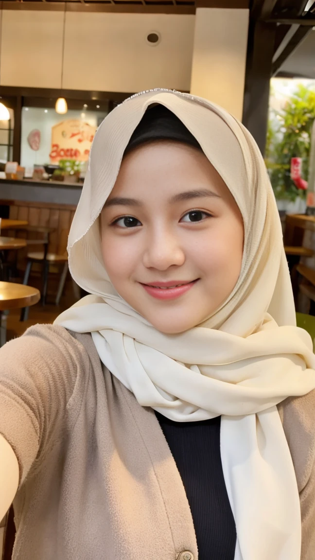 Selfie taken, See full body, luxury details, 8k, natural, realistic, amazing shots, ULTRA HD,
1 girl, 18 years old, smooth white face, white skin, smailing,  neat white teeth, big breasts, wearing a long white hijab covering the body, with decorations on the hijab, Muslim clothes for worship, beautiful face, beautiful black face, cute, curly eyelashes, beautiful eyes , sweet smile, sitting on the bed, Indonesian Muslim, realistic, atmosphere in the out door, in the cafe,