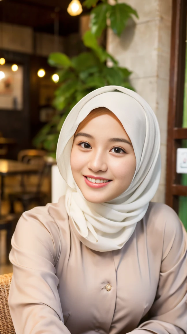 Selfie taken, See full body, luxury details, 8k, natural, realistic, amazing shots, ULTRA HD,
1 girl, 18 years old, smooth white face, white skin, smailing, neat white teeth, big breasts, wearing a long white hijab covering the body, with decorations on the hijab, Muslim clothes for worship, beautiful face, beautiful black face, cute, curly eyelashes, beautiful eyes , sweet smile, sitting on the bed, Indonesian Muslim, realistic, atmosphere in the out door, in the cafe,