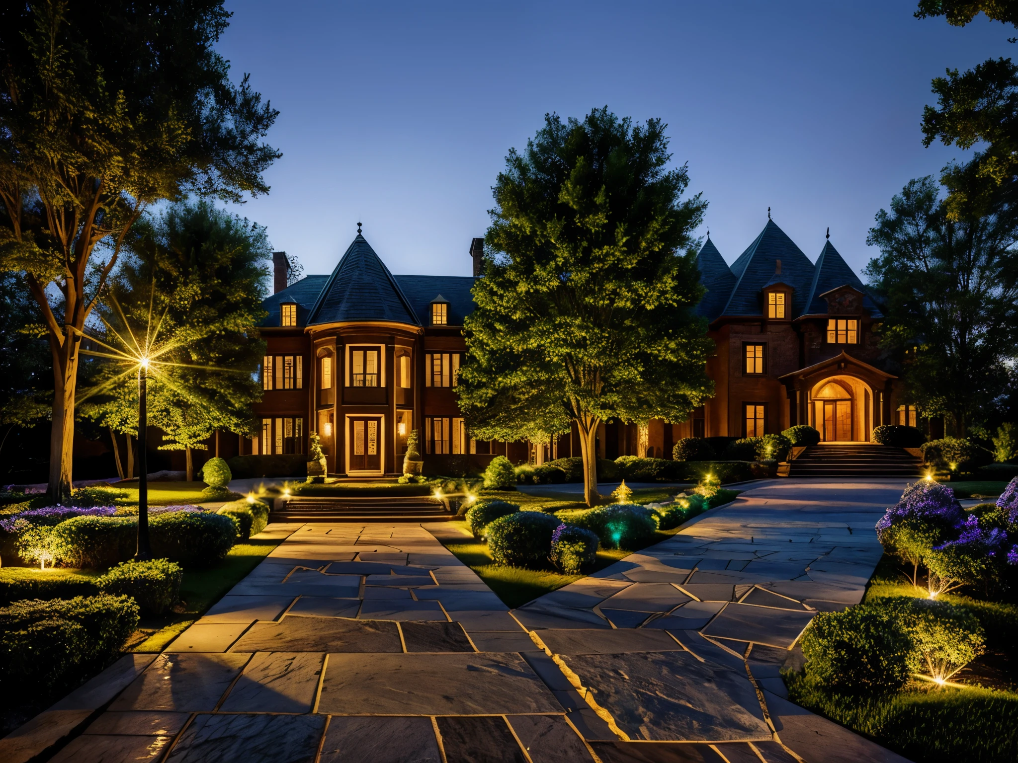 A mansion with medieval architecture with touches of fantasy, some trees in the background, magical crystals in the forest, with lights from the crystals giving green and blue lighting, Lens flare, at night. staircase, statue on site. a magical portal
