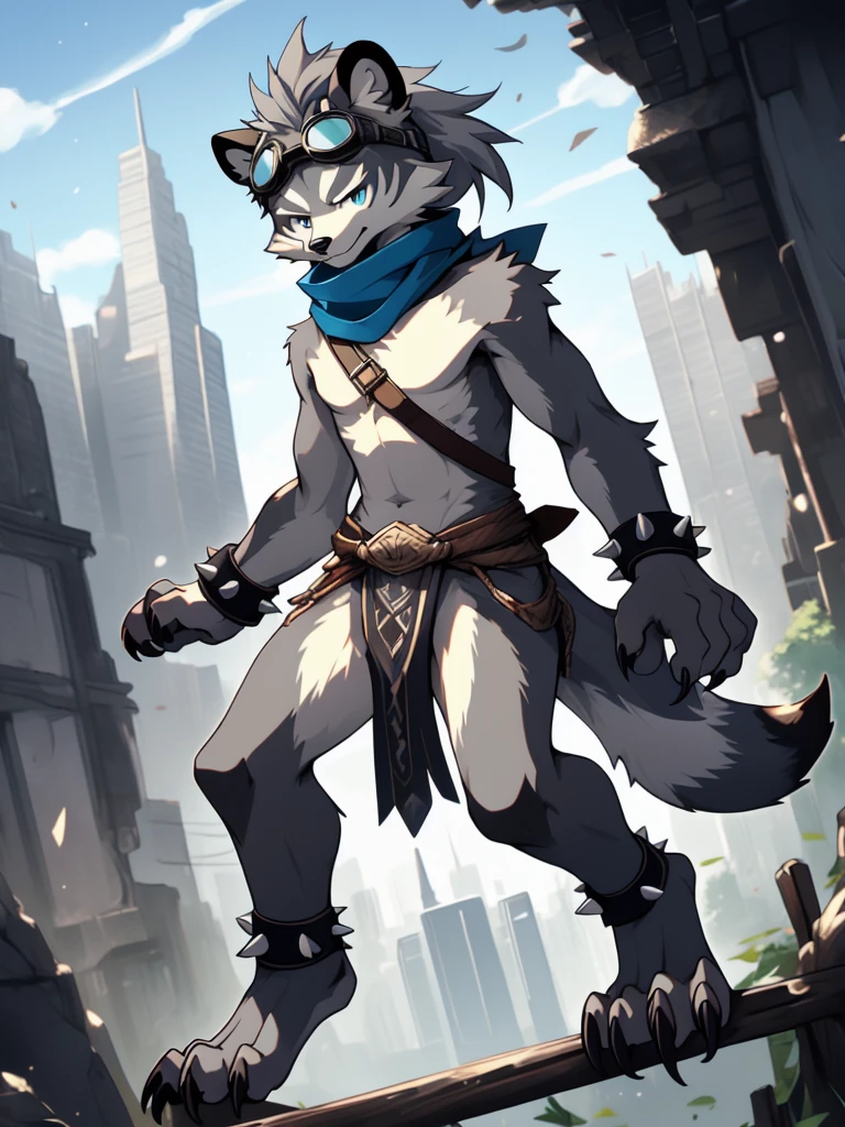masterpiece, high quality, hi res, digital painting \(artwork\), by kuroisumi, yupa, kiyosan. Young Furry, young, raccoon, grey hair, long brown spiked ponytail, Detailed body fur, long blue scarf, Black loincloth, goggles, masterpiece, gray body, Detailed face, big eyebrows, blue eyes, detailed eyes, No muscles, city skyline, Detailed hands, Flat body, glistening body, Skinny, Claws have three toes, Detailed paws, metal cuffs on wrists, metal cuffs on ankles, no shirt, no underwear,