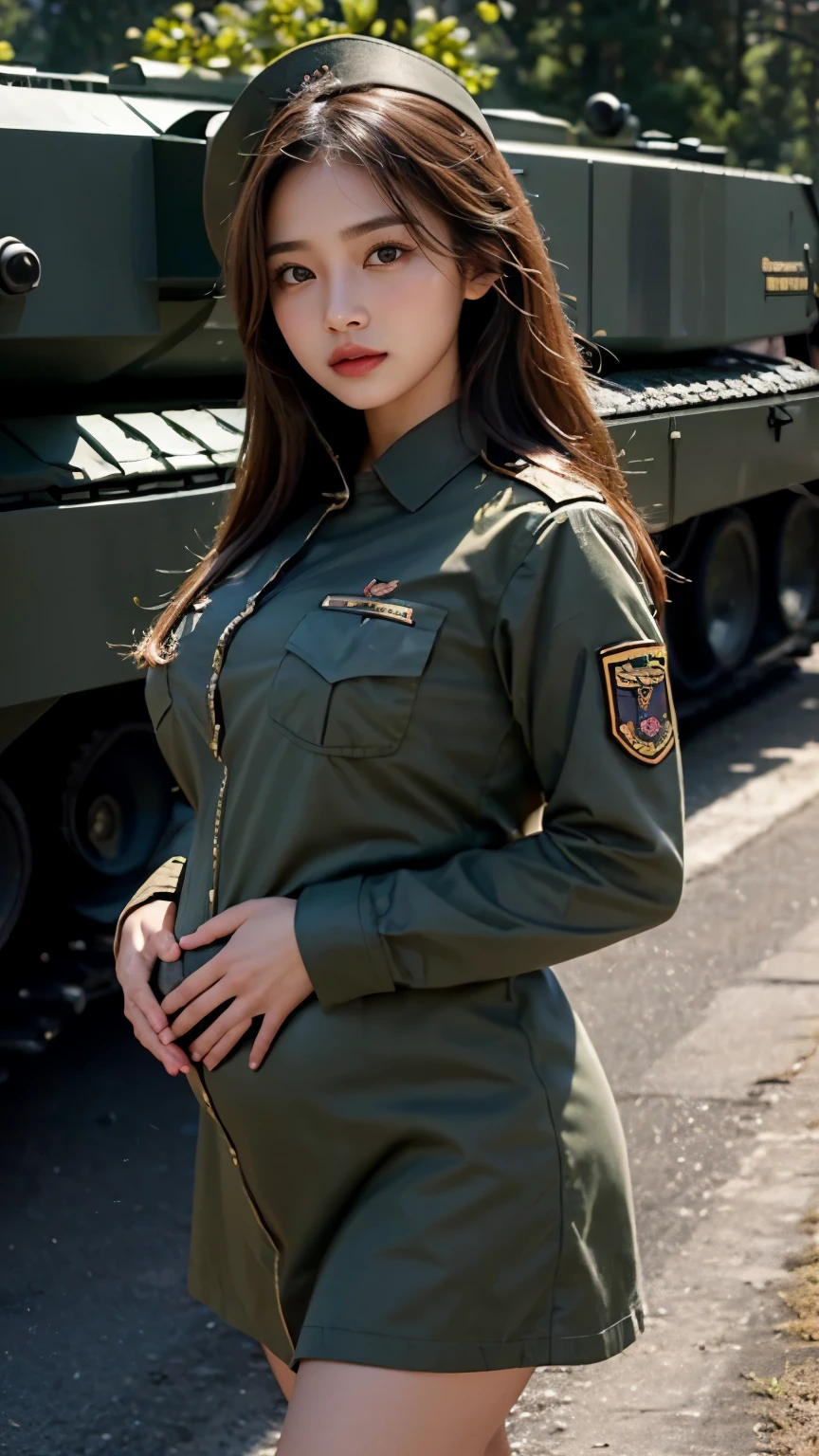 8k, highest quality, ultra detailed:1.37), Eliana, ((20 years)), a beautiful Korean girl, ((proudly stands in a Yellow Colour Luxury military uniform)), representing her role as a soldier. She wears a fitted tight Yellow dress. The high-resolution image captures ultra-detailed realism, highlighting Eliana's determined expression, piercing eyes, and confident stance. The backdrop showcases an forest, adding to the authenticity and significance of the image. This visually striking representation showcases Eliana's strength and dedication as a soldier, cute knees, Lake, ((Pine trees)), ((Detailed face)), ((Perfect body figure)), ((Detailed hair)), ((Detailed Dress)), Tanker, Army vehicle, ((S-500 missile launcher)), Missile fired from Launcher, k, Armour vehicles, ((Pink rose flower in Hand)), (( Detailed background)), ((detailed skin)), ((detailed Armour vehicles)), Stylish look, Battlefield, War field, Running, Missile impacted Background, Helicopter, ((((salute to camara man)))), ((((Doing Parede)))), ((((army salute)))),