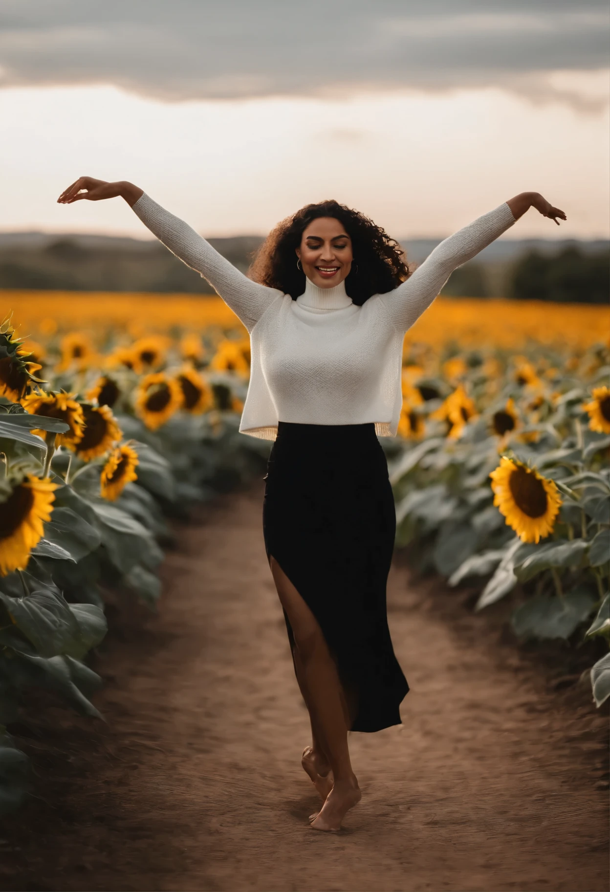 Uma mulher Latina linda, de cabelos ondulado,sorriso cativante, wearing a white turtleneck sweater and a black skirt, is dancing outdoors at night. The background shows a sunflower plantation scene, The atmosphere appears to be urban and contemporary. The woman's movement suggests a dynamic dance step. feet are in the air.ao fundo e luzes brilhantes da cidade.