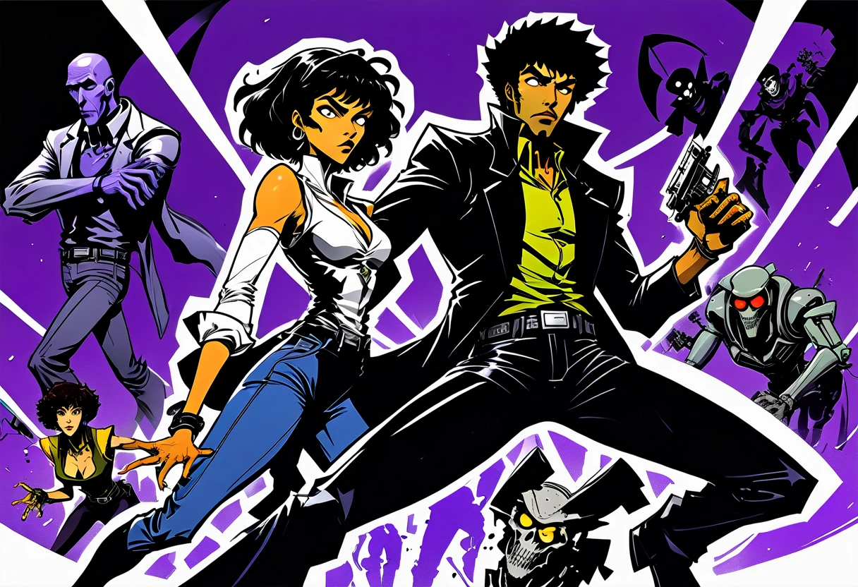 illustrate, cross hatching, dutch angle, hand drawn, expressive ink bold lines, joelle jones style reference, Cowboy Bebop cover art, wordless, splash page, decompressed comic, Duo dancing a vile stanky boogie, excessive exaggerated dancing, Jet Black and grim reaper claptrap black, from Cowboy Bebop blend with borderlands
