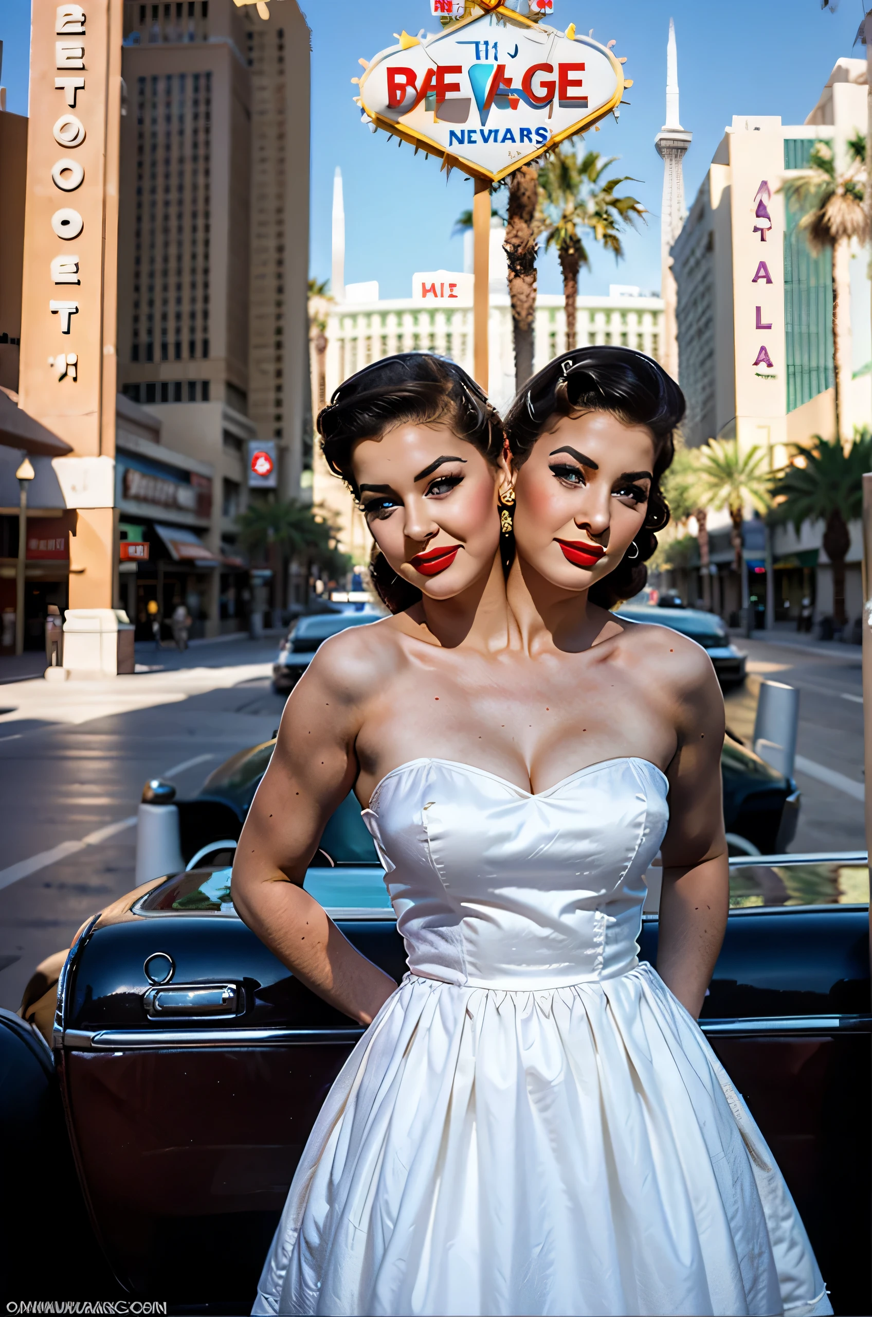2heads, two-headed woman, age 24, white girl, vintage pinup dress, pretty makeup, on the Las Vegas strip,