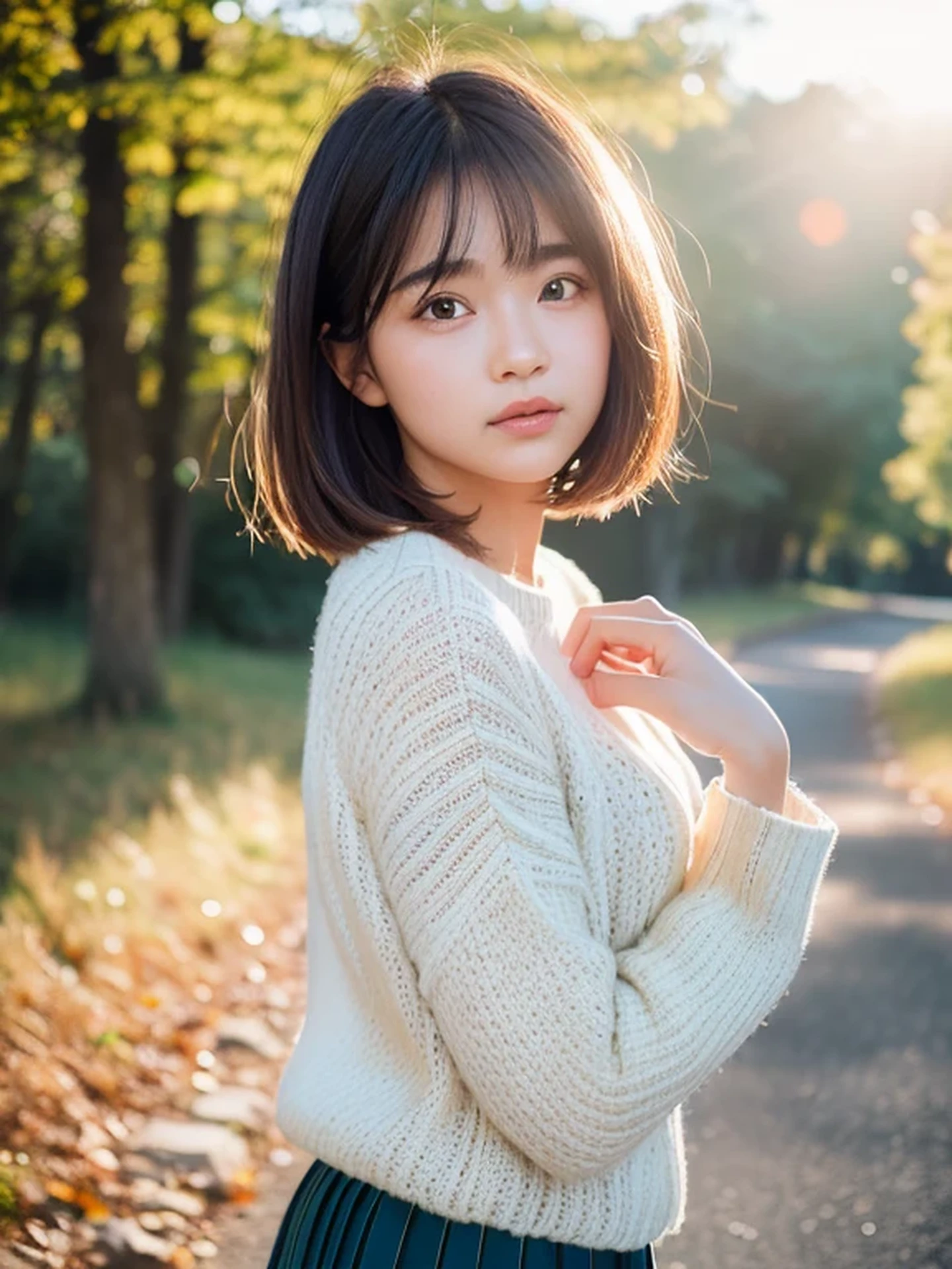 one girls、parfect anatomy、Correct human body、Layered Haircut、short wavy hair、Woman with cute face、Perfect good looks、Natural color poncho style hoodie、Silence、white walls、Autumn trees々々々々々々、White world and trees with autumn leaves々々々々々々、Simplified background、natural soft light、raw、Photorealsitic、top-quality、Real Stick、hiquality、high-level image quality、Random Poses