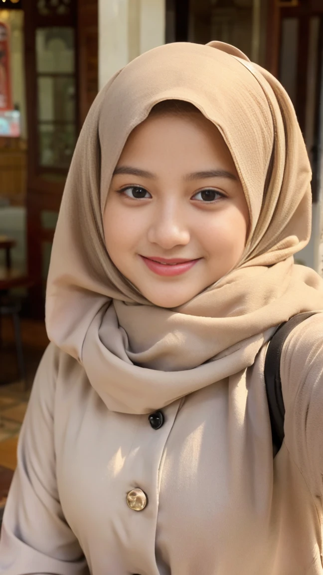 Selfie taken, See full body, luxury details, 8k, natural, realistic, amazing shots, ULTRA HD,
1 girl, 18 years old, smooth white face, white skin, smailing,  neat white teeth, big breasts, wearing a long white hijab covering the body, with decorations on the hijab, Muslim clothes for worship, beautiful face, beautiful black face, cute, curly eyelashes, beautiful eyes , sweet smile, sitting on the bed, Indonesian Muslim, realistic, atmosphere in the out door, in the cafe,