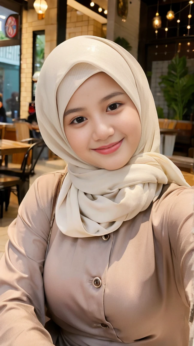 Selfie taken, See full body, luxury details, 8k, natural, realistic, amazing shots, ULTRA HD,
1 girl, 18 years old, smooth white face, white skin, smailing, neat white teeth, big breasts, wearing a long white hijab covering the body, with decorations on the hijab, Muslim clothes for worship, beautiful face, beautiful black face, cute, curly eyelashes, beautiful eyes , sweet smile, sitting on the bed, Indonesian Muslim, realistic, atmosphere in the out door, in the cafe,