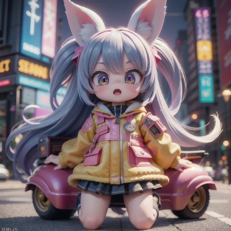 (masterpiece, best quality:1.2), 1girl, ((masterpiece, highest quality, Highest image quality, High resolution, photorealistic, Raw photo, 8K)), Retro Game, Nintendo, SEGA, Namco, Cyberpunk 1:25 miniatures,illustration,Side viewing angle,((Side viewing angle)),Wear gold wire-rimmed reflective sunglasses,Carry future weapons,very happy,Side viewing angle,whole body,three-dimensional,octane rendering,Perfect face,Collagen texture((flowing hair))((Gradient long fur rabbit ears))