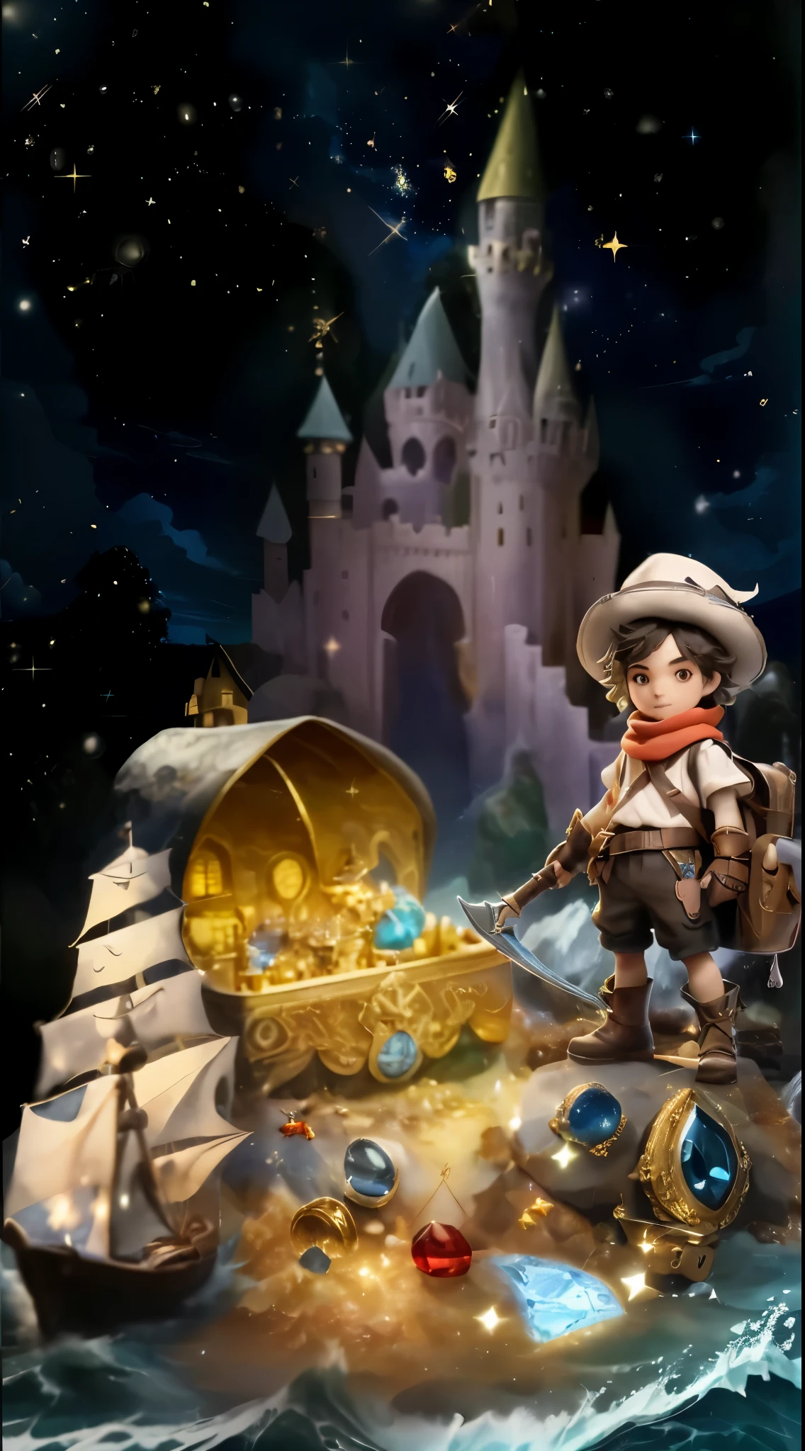 night sky,The waves have a boat in front,spray,There is a castle on the island. There are treasures and gold everywhere in front of the castle.,Explorer with backpack and sickle in hand standing next to treasure,HD,Details deepened