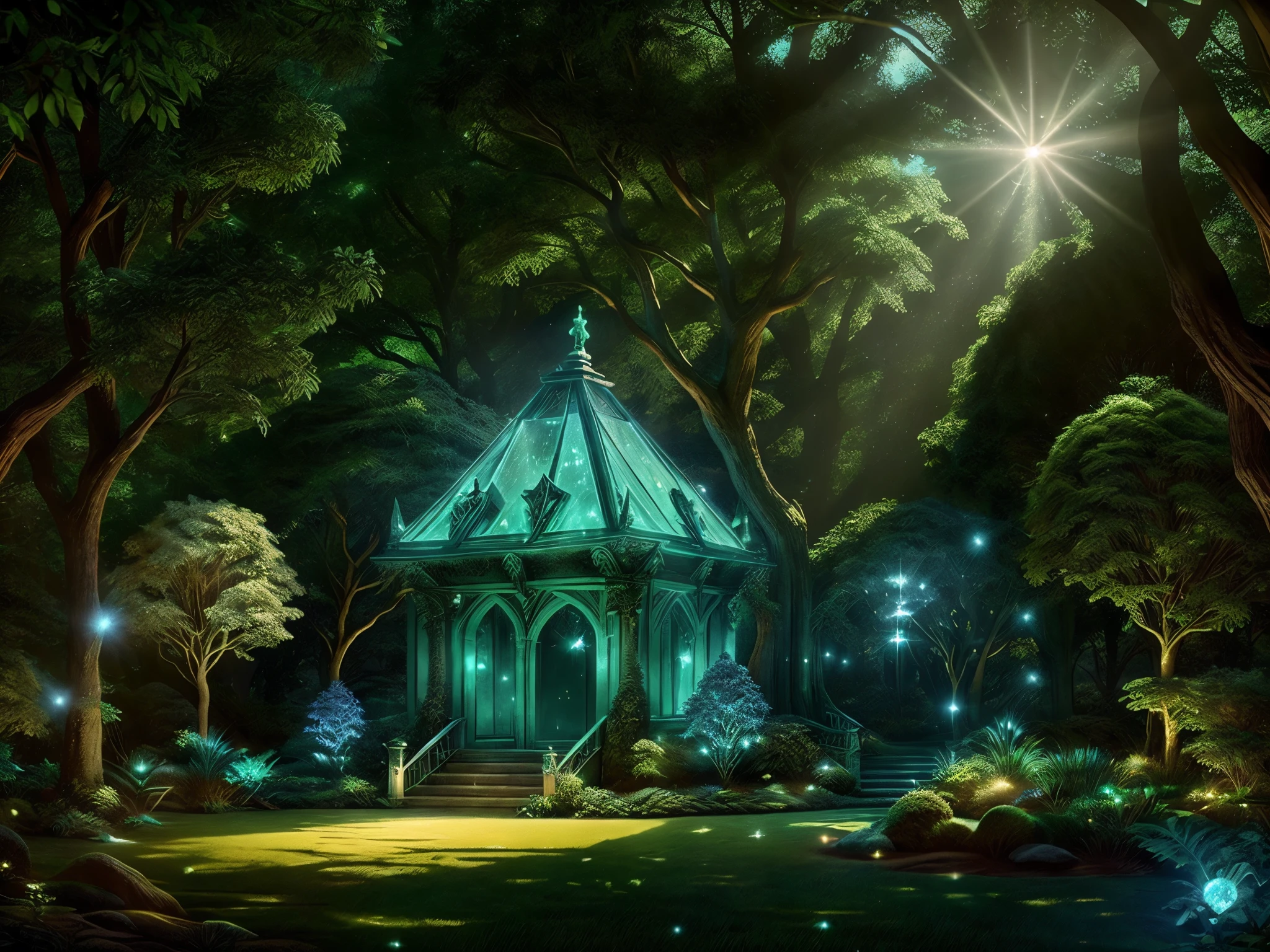 A mansion with medieval architecture with touches of fantasy, some trees in the background, magical crystals in the forest, with lights from the crystals giving green and blue lighting, Lens flare, at night. staircase, statue on site. a magical portal
