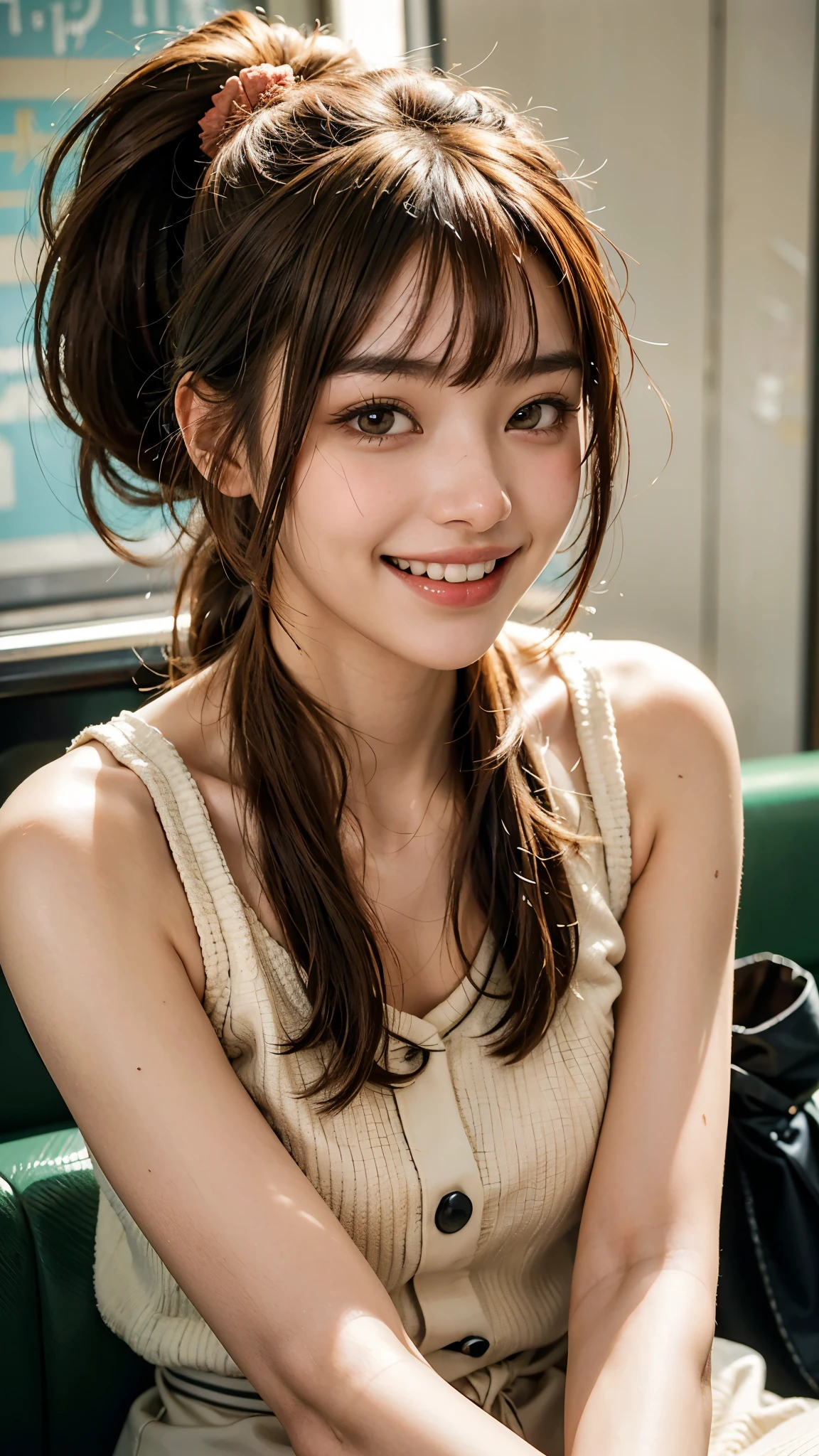 highest quality, masterpiece, ultra high resolution, (realistic:1.4), (close portrait) Raw photo, 1 girl,20-year-old,((Inside the Yamanote Line on a holiday)),((Asian Fashion)),messy hair,((Ponytail and scrunchie, chestnut-colored hair)),((Bangs short hair)),realistic,picture media chest)),((toothy smile)),((big smile))
