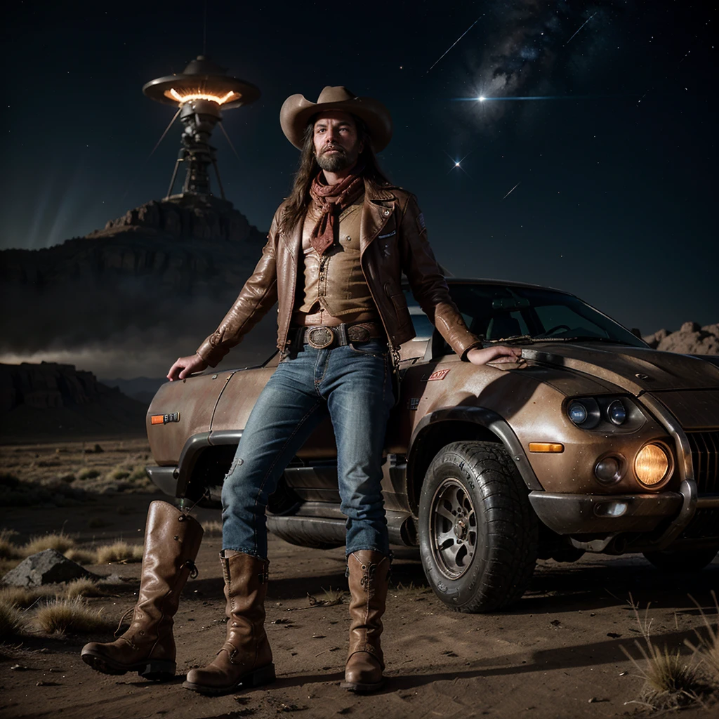 best quality,ultra-detailed,realistic:1.37,cinematic,portrait,detailed cowboy face,long hair,wide-brimmed hat,beard,fierce expression,red neckerchief,leather jacket,dusty environment,spaceship,star-filled sky,retro-futuristic vibe,neon lights,action-packed scene,guns blazing,futuristic technology,jazz music,sci-fi western fusion,vintage film grain,bold colors,dynamic composition,strong shadows,atmospheric lighting,hazy smoke,rough textures,rough terrain,lone cowboy,cool attitude,space adventure,intergalactic bounty hunter,worn-out boots,cowboy boots,old revolver weapon,daring pose,explosions,blurry background,motion blur,windblown hair,serene confidence,bravery,stylish characters,detailed spaceship,exciting chase scene,dark atmosphere,criminal underworld,mystery,dangerous missions