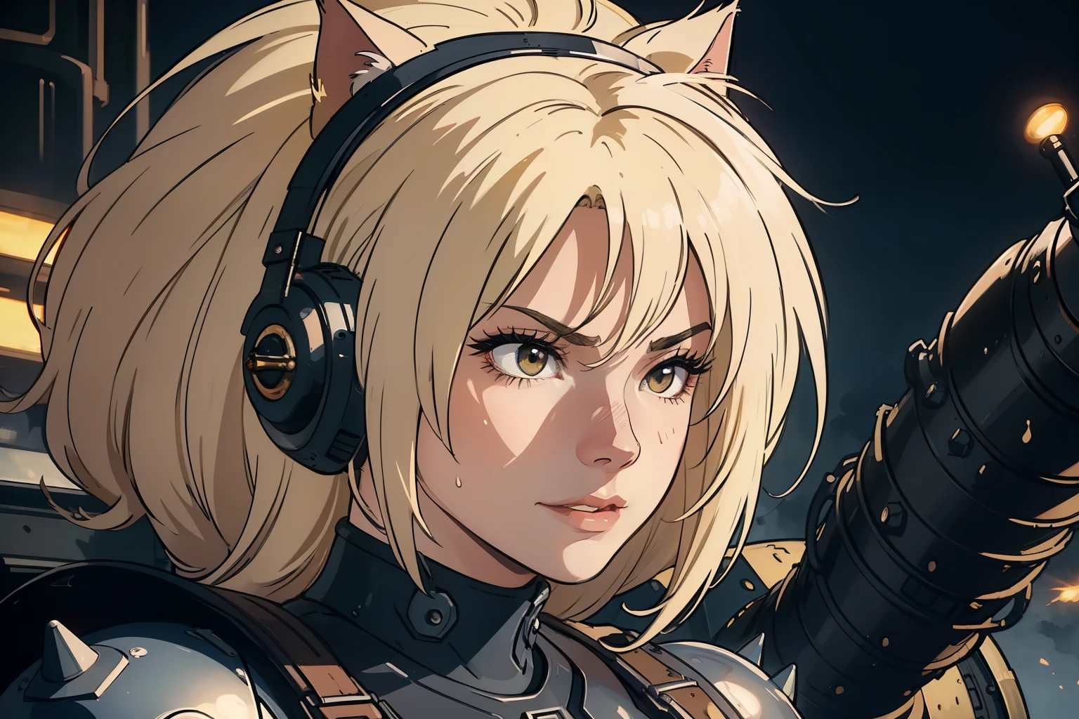 ((highest quality)), ((masterpiece)), (be familiar with), (High definition), 8K, perfect face、2 women、Two blonde women with cat ears、((tankの上に乗っている:1.2))、((Astride the turret))、tall、2 Blonde cat ears、2. Long Hair、2. Volumetric hair style、Fearless smile、sweating、big breasts、constricted waist、big ass、glamorous、Glamorous、protector、Armor、combat suit、combat boots、armed、Equipped with large firearms、cinematic、best shadow、side lighting、NEO TOKYO、riot、explosion、tank、helicopter、(close up of face)