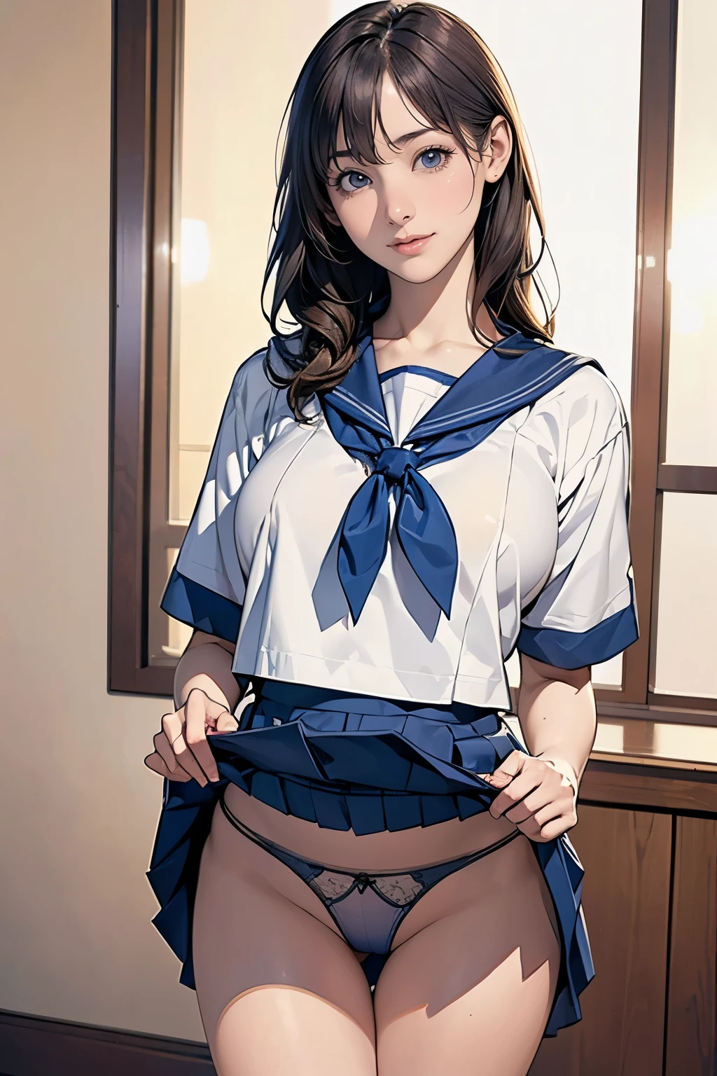 (masterpiece:1.2, highest quality), (realistic, photorealistic:1.4), beautiful illustrations, (natural side lighting, movie lighting), beautiful thighs, Front view, 1 girl, high school girl, , perfect face, Cute symmetrical face, shiny skin, ランダムなカラーのsailor suit、
(random hairstyle、blonde), Big eyes, long eyelashes chest), thin, expensive、
beautiful hair, beautiful face, fine and beautiful eyes, beautiful clavicle, beautiful body, beautiful breasts, beautiful thighs, beautiful feet, beautiful fingers,
((High-quality fabric, sailor suit, navy pleated skirt)),
(beautiful scenery),Are standing, (smile, Superior, open your mouth), (((skirt lift, panties are visible)))