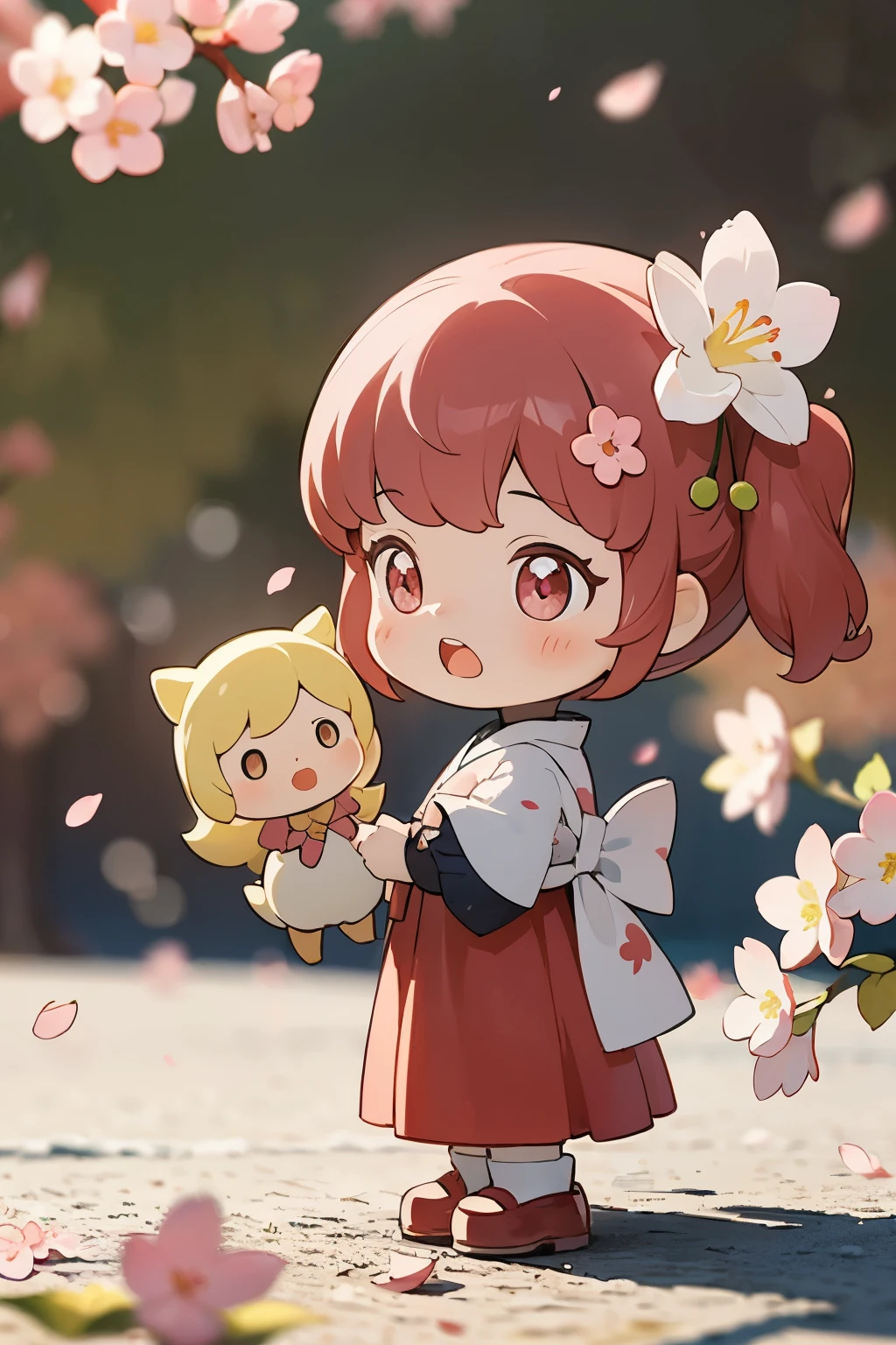 The doll standing in front of the painting、Yawning face、baby face、rococo style、(Highly detailed characters)、Flowing cherry-colored silk、Cherry blossom petals、Flowing cherry blossom silk、Photographed from the side、Strong bokeh、season!!: 🌸 ☀ 🍂 ❄