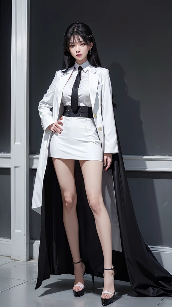 สาวสวยTwo meter long hair, long black hair, ชุดสูทผู้หญิงwhite, (wearing a women's suit, Business woman's suit, white), (ชุดสูทผู้หญิงwhite), (เสื้อเชิ้ตwhite), (Thai women's short black necktie), (Military rank insignia), (short pencil skirtwhite), tight, (dynamic post), full body, (????????????, thin body, small waist, ???? raised, small thighs, Long legs), A gigantic rift, รองเท้าBlack high heels, (short pencil skirt, white), (Wearing a white business suit, สูทนักธุรกิจหญิงwhite), tight, military regalia, เสื้อwhite, กระโปรงwhite, Two suit buttons, Two meter long hair, Form-fitting suit, เสื้อสูทwhiteทรงธรรมดารัดรูป, black shoes, high-heels, Black high heels, (stand, dynamic post), Not a veil,